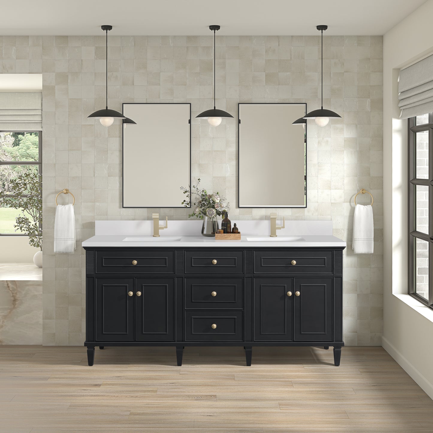 Renovate for Less Atlanta Lorelai 72" Double Vanity, Black Onyx w/ Single Hole 3 CM White Zeus Silestone Top & Backsplash