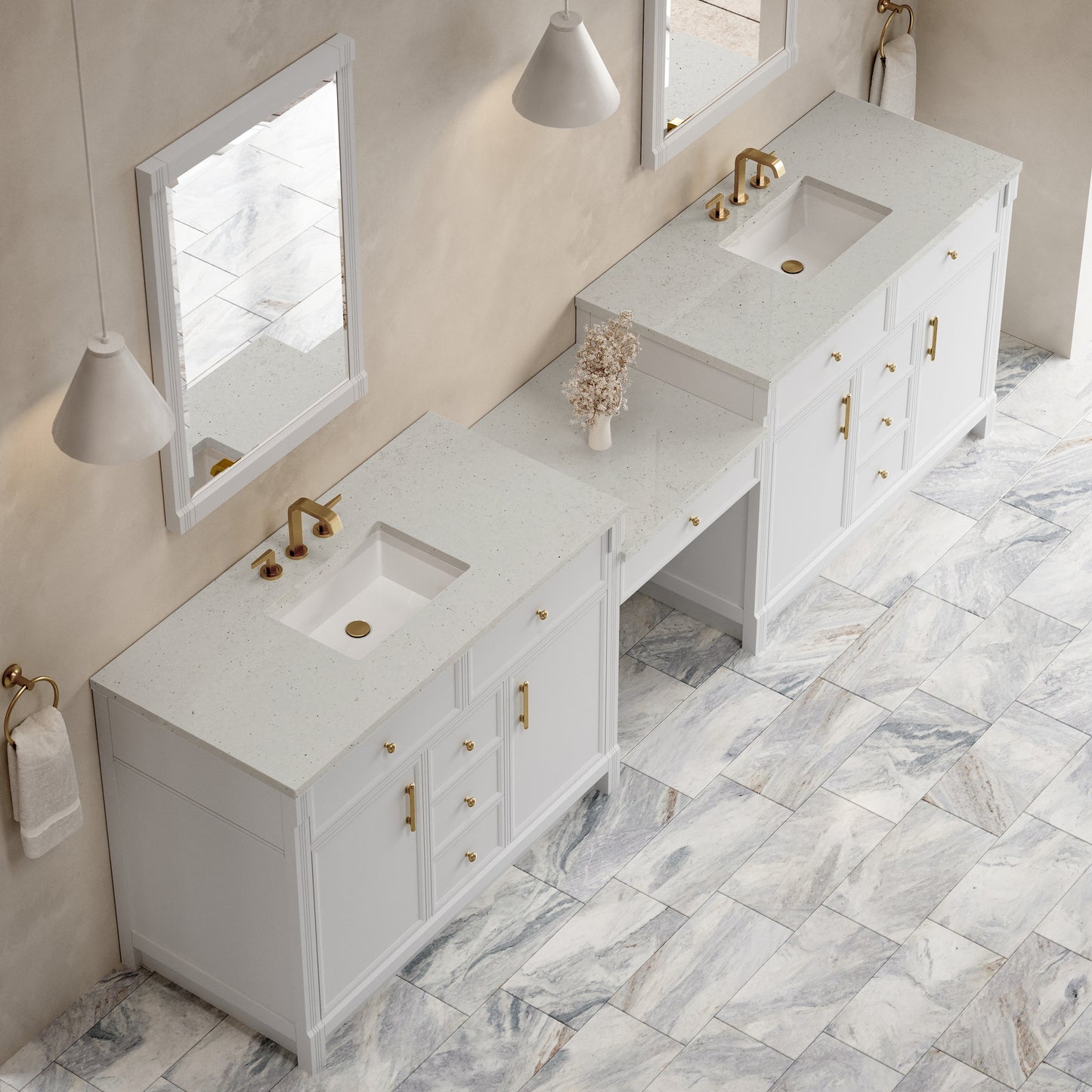 Renovate for Less Atlanta Bellshire 120" Dual Vanity Set with 24" Make-Up Counter, Bright White w/3 cm Lime Delight Silestone Top