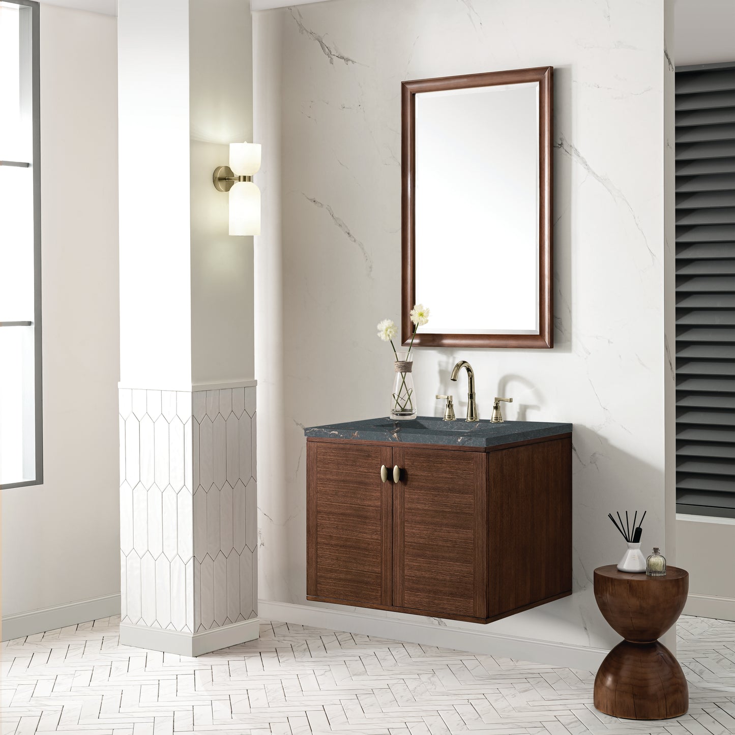 Renovate for Less Atlanta Amberly 30" Single Vanity, Mid-Century Walnut w/ 3 CM Parisien Bleu Top
