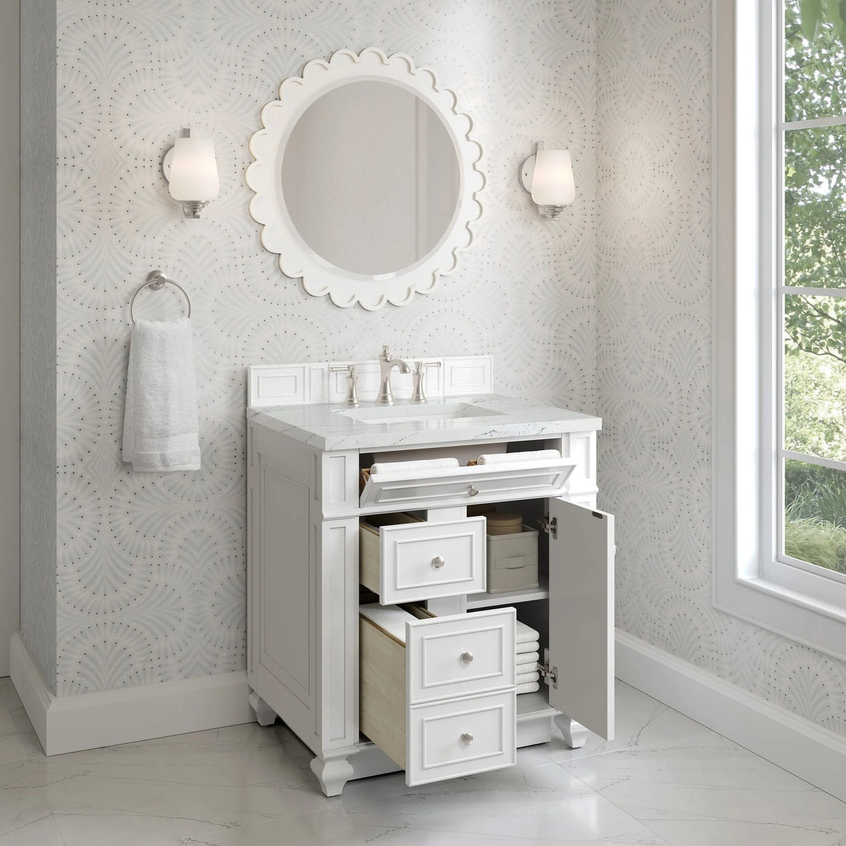Bristol 30" Single Vanity, Bright White w/ 3 CM Ethereal Noctis Silestone Top