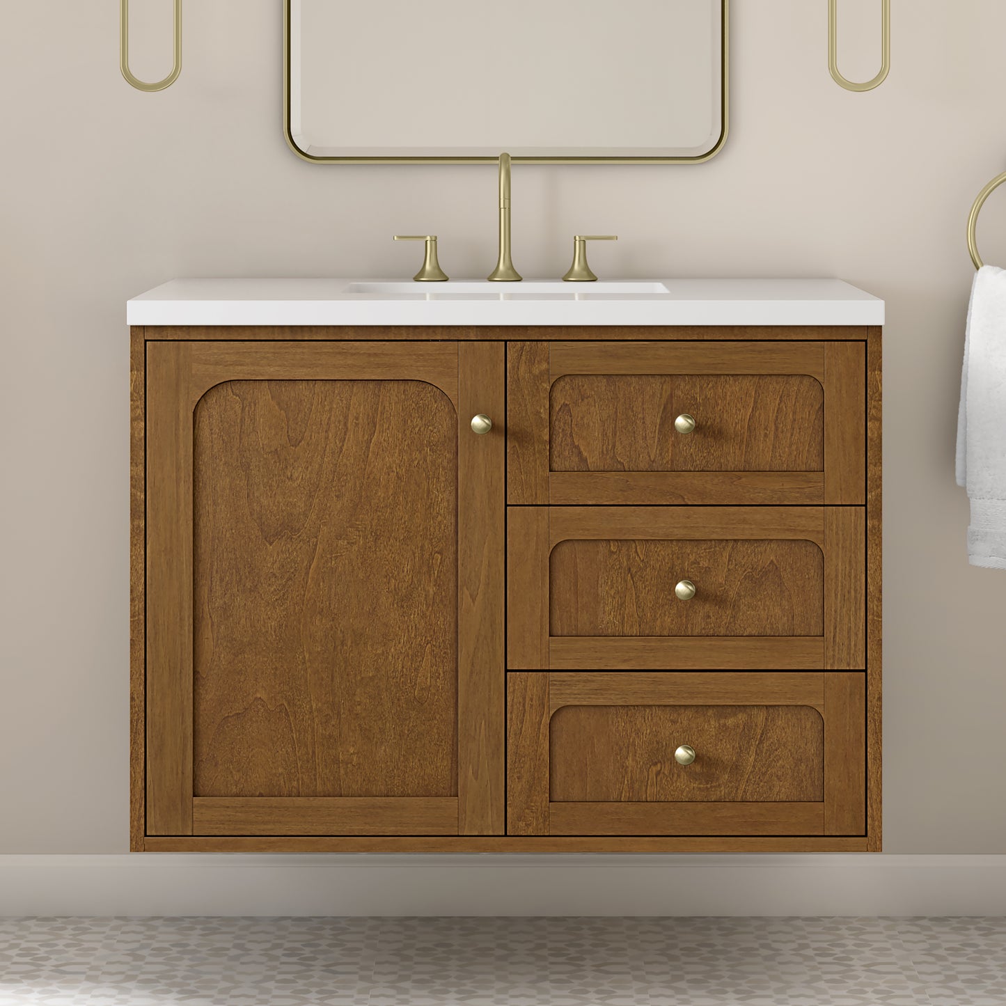Renovate for Less Atlanta Laurent 36" Single Vanity, Honey Oak w/ 3 CM White Zeus Silestone Top