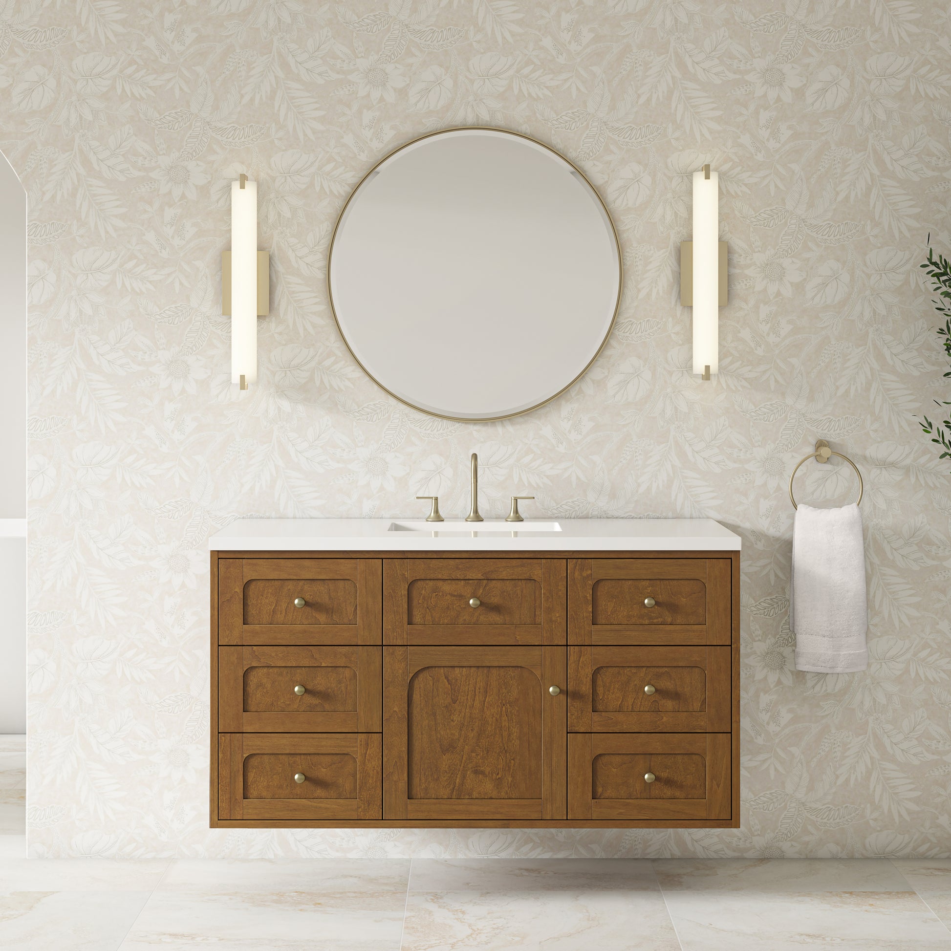 Renovate for Less Atlanta Laurent 48" Single Vanity, Honey Oak w/ 3 CM White Zeus Silestone Top