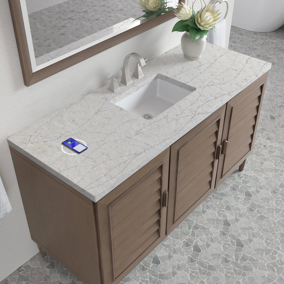 Portland 60" Single Vanity Whitewashed Walnut w/ 3 CM Eternal Jasmine Pearl Silestone Top w/FreePower Wireless Charger