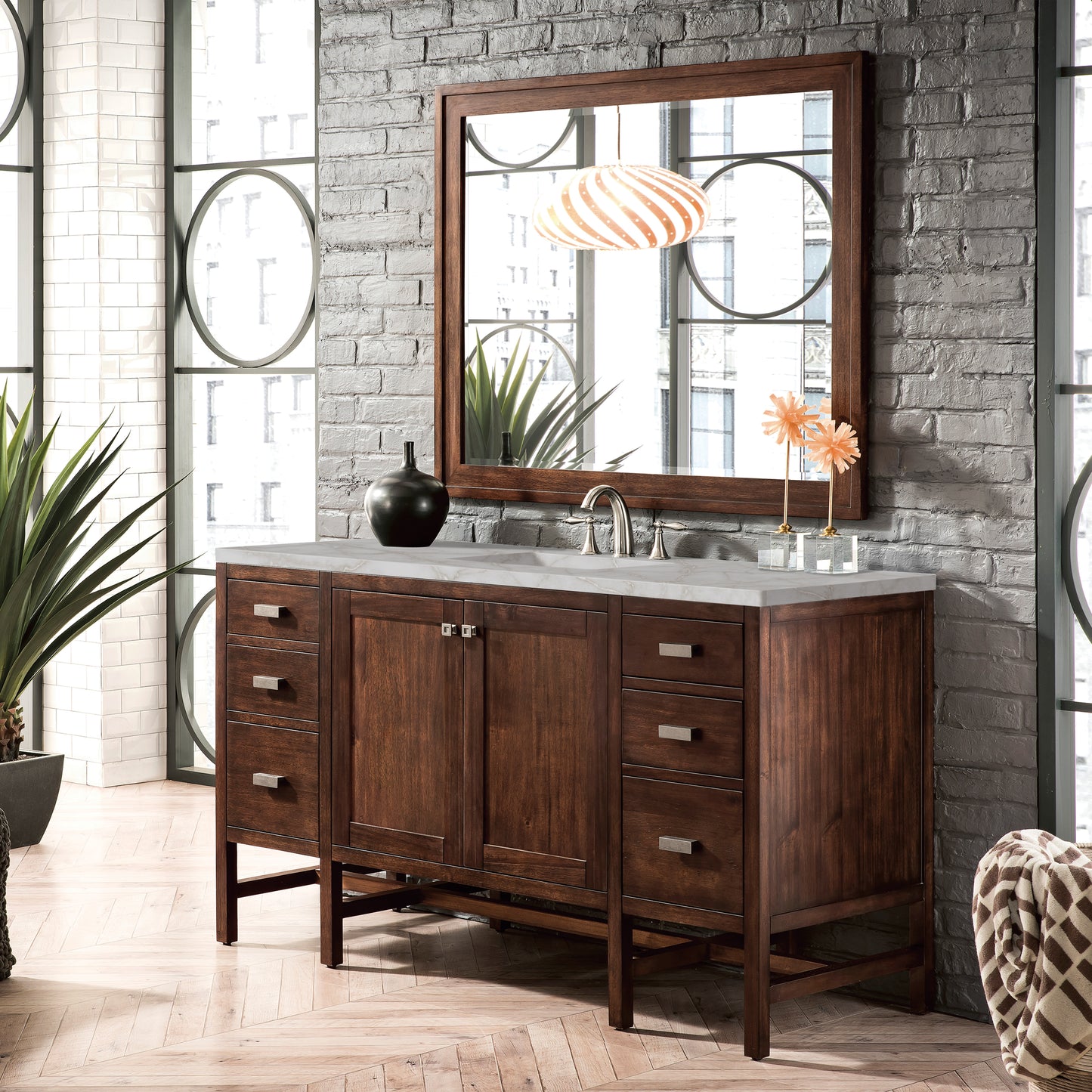 Renovate for Less Atlanta Addison 60" Single Vanity, Mid-Century Acacia w/ 3 CM Victorian Silver Silestone Top
