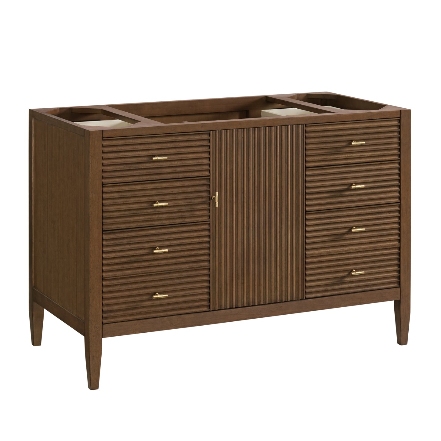 Renovate for Less Atlanta Myrrin 48" Single Vanity, Mid Century Walnut w/ 3 CM Carrara White Marble Top