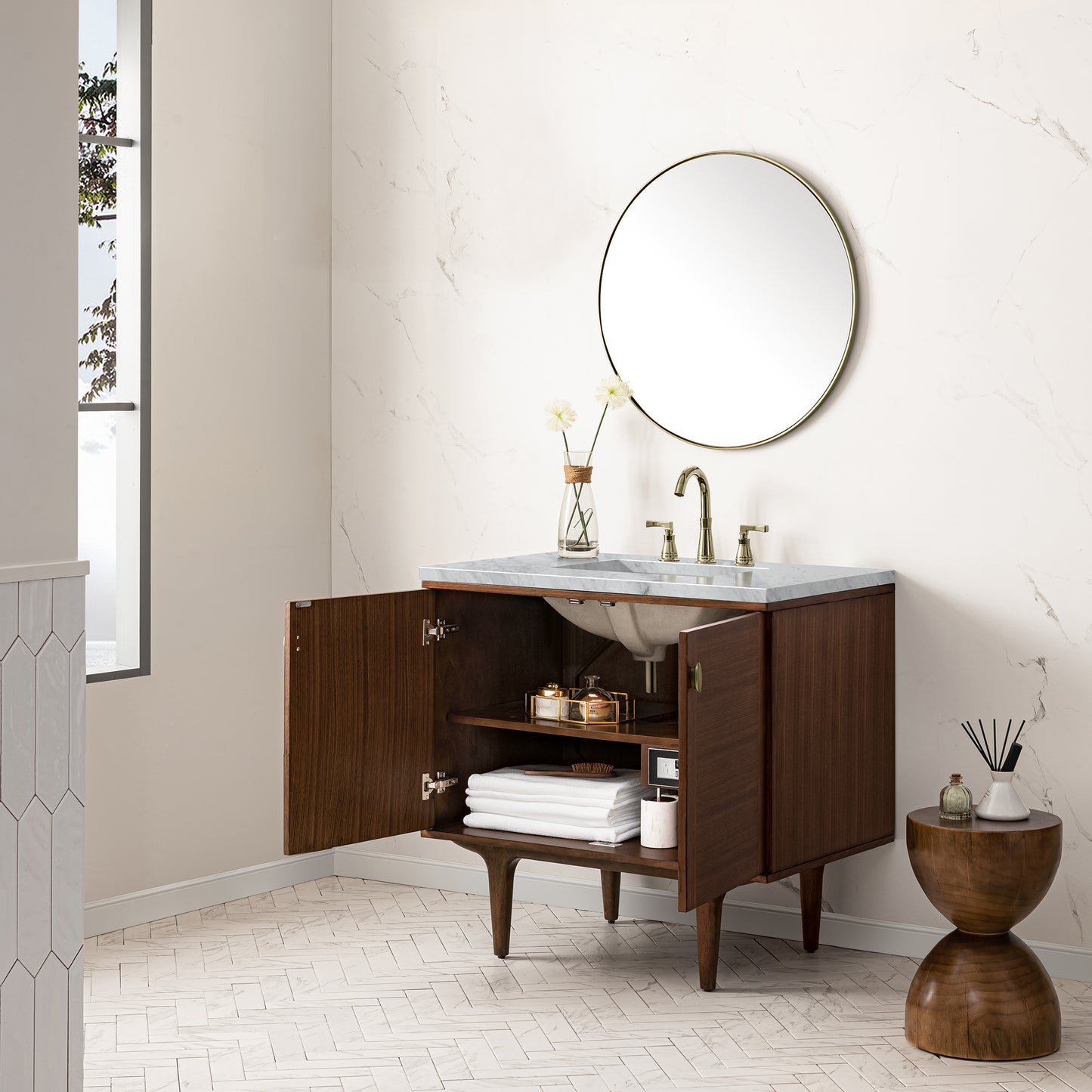 Renovate for Less Atlanta Amberly 36" Single Vanity, Mid-Century Walnut w/ 3 CM Carrara Marble Top