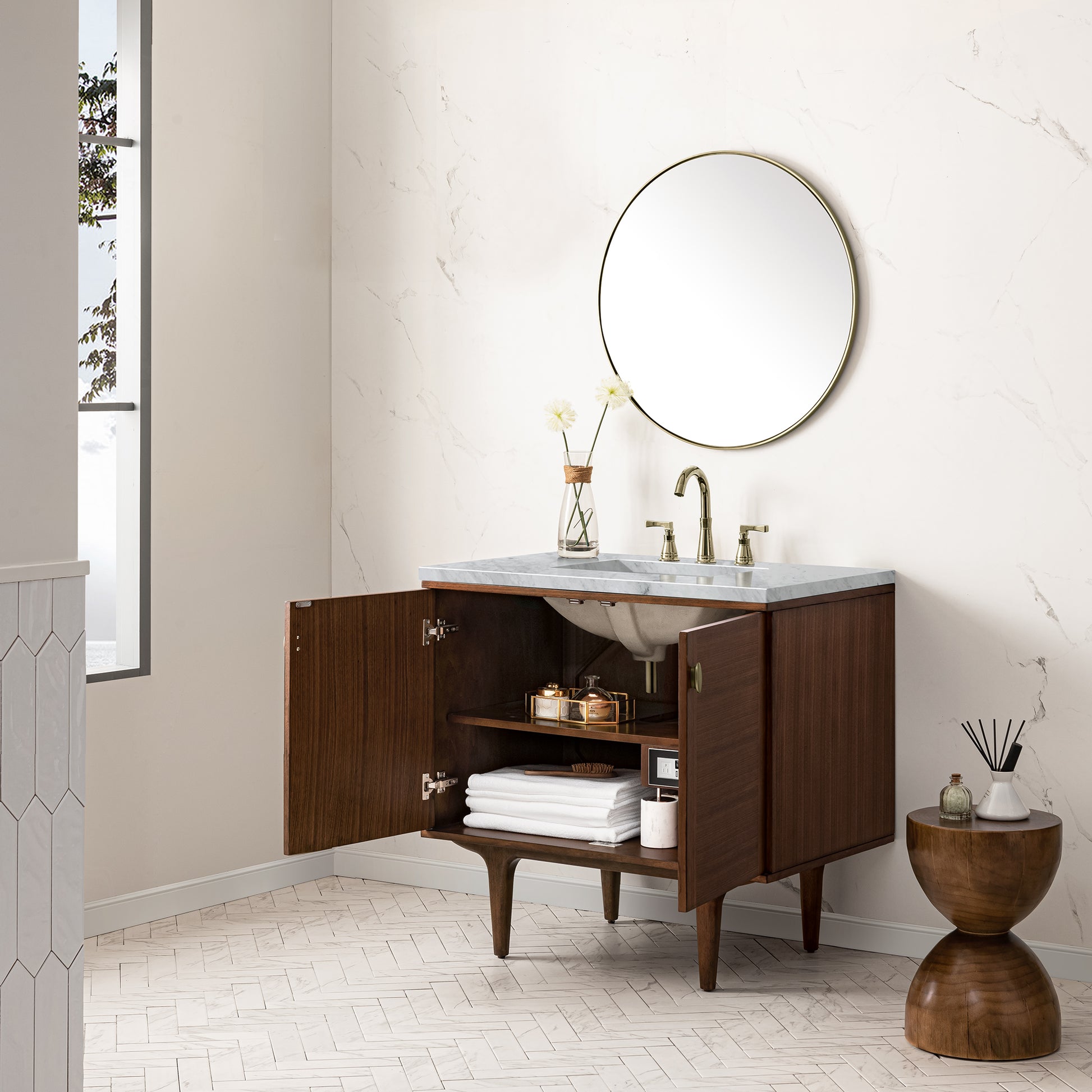 Renovate for Less Atlanta Amberly 36" Single Vanity, Mid-Century Walnut w/ 3 CM Carrara Marble Top