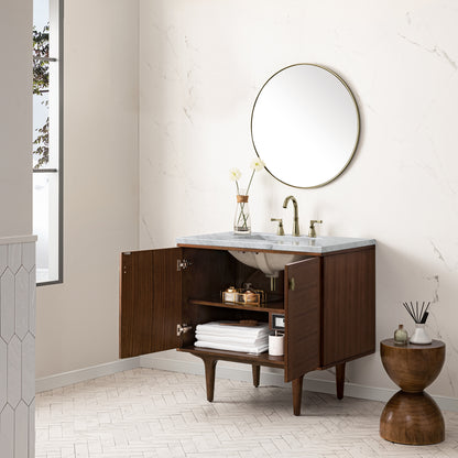 Renovate for Less Atlanta Amberly 36" Single Vanity, Mid-Century Walnut w/ 3 CM Carrara Marble Top