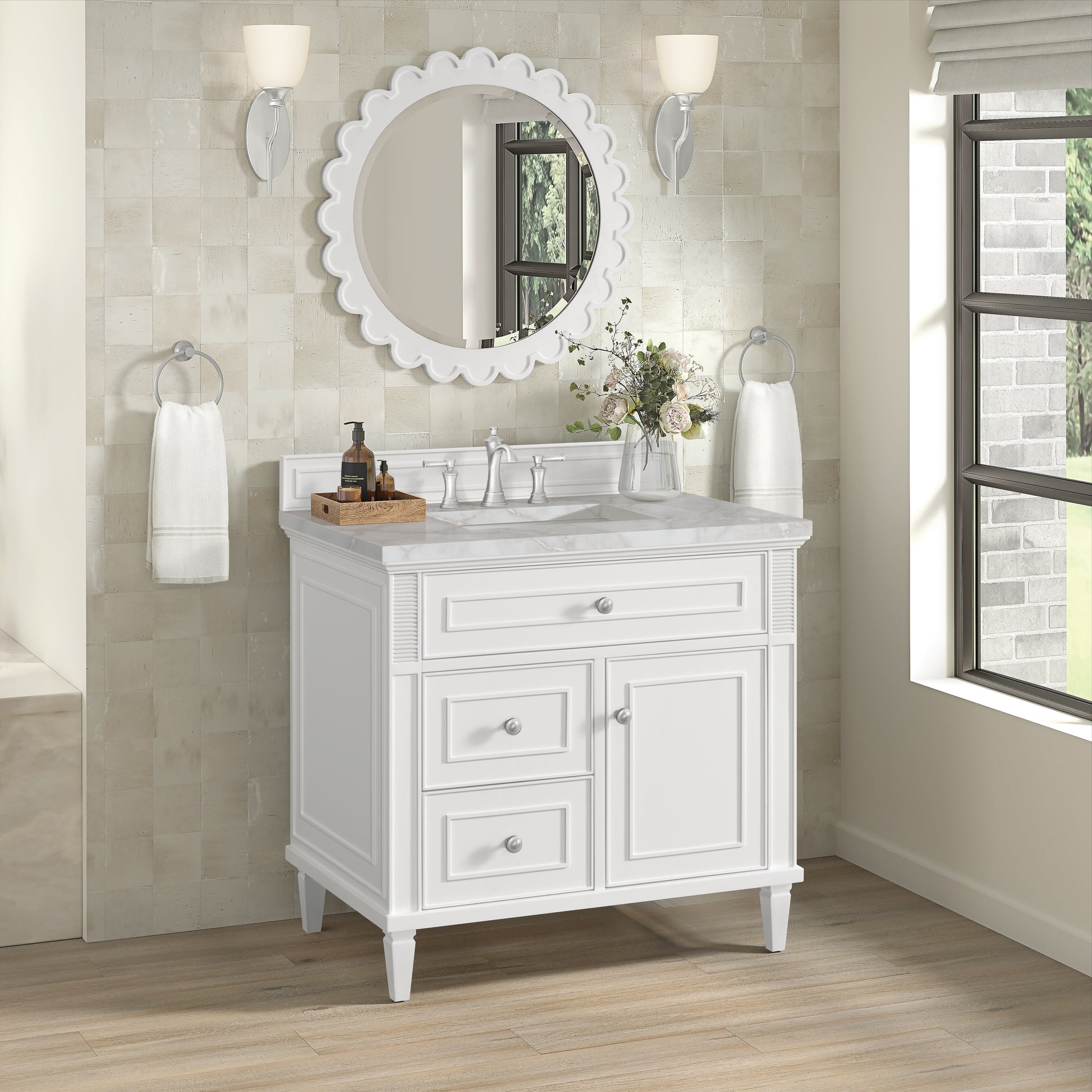 Renovate for Less Atlanta Lorelai 36" Single Vanity, Bright White w/ 3 CM Victorian Silver Silestone Top