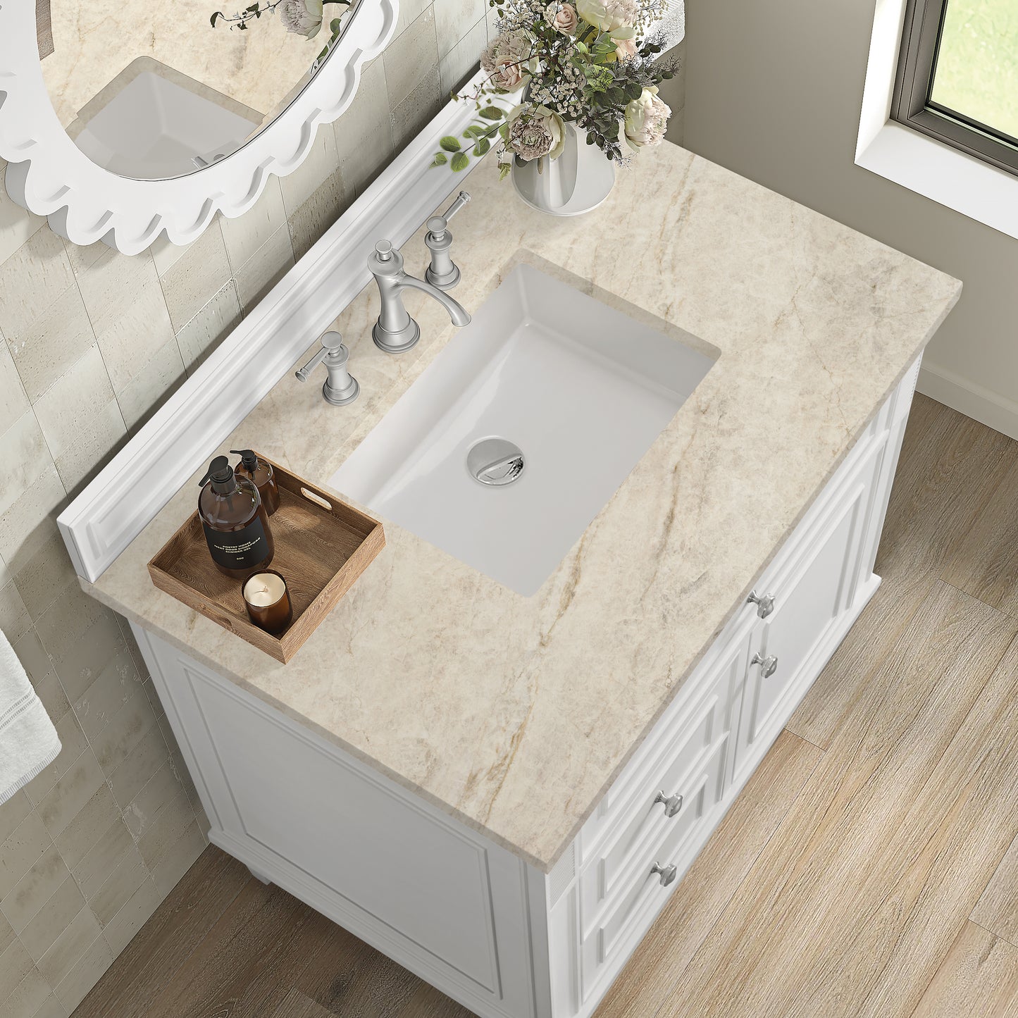 Renovate for Less Atlanta Lorelai 36" Single Vanity, Bright White, w/ 3 CM Tajnar Eclos Top