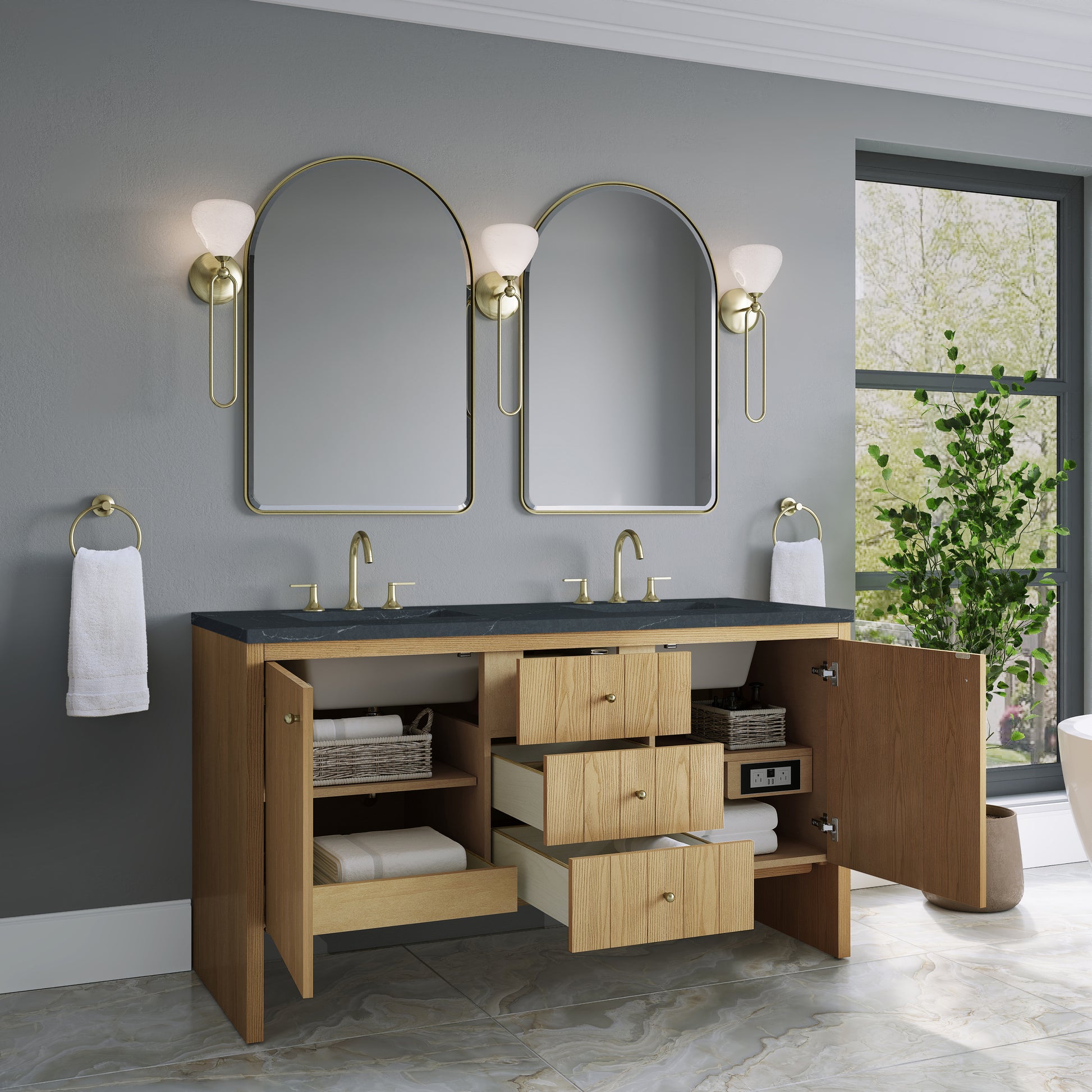 Renovate for Less Atlanta Hudson 60" Double Vanity, Light Natural Oak w/ 3 CM Charcoal Soapstone Top