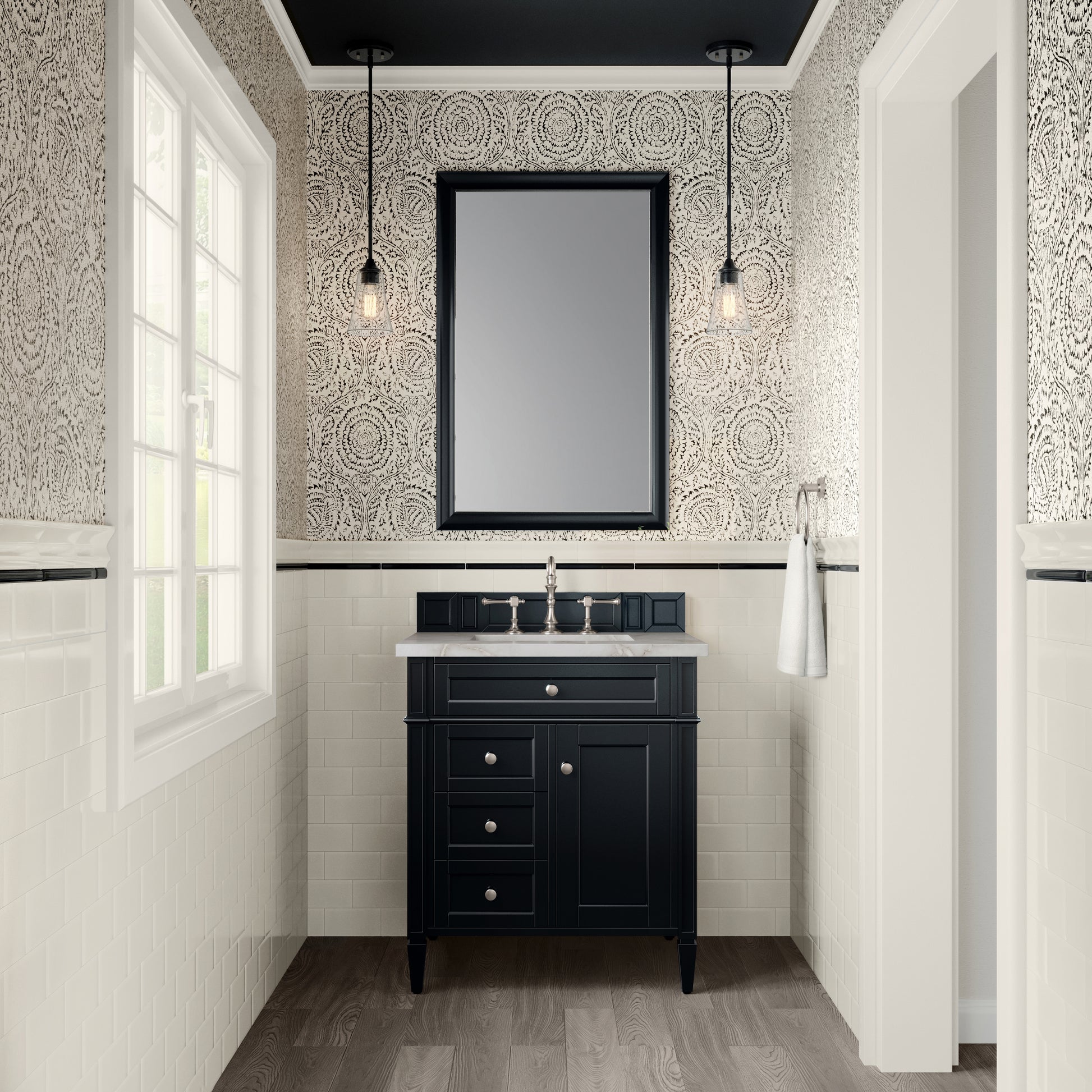 Renovate for Less Atlanta Brittany 30" Single Vanity, Black Onyx, w/ 3 CM Victorian Silver Silestone Top