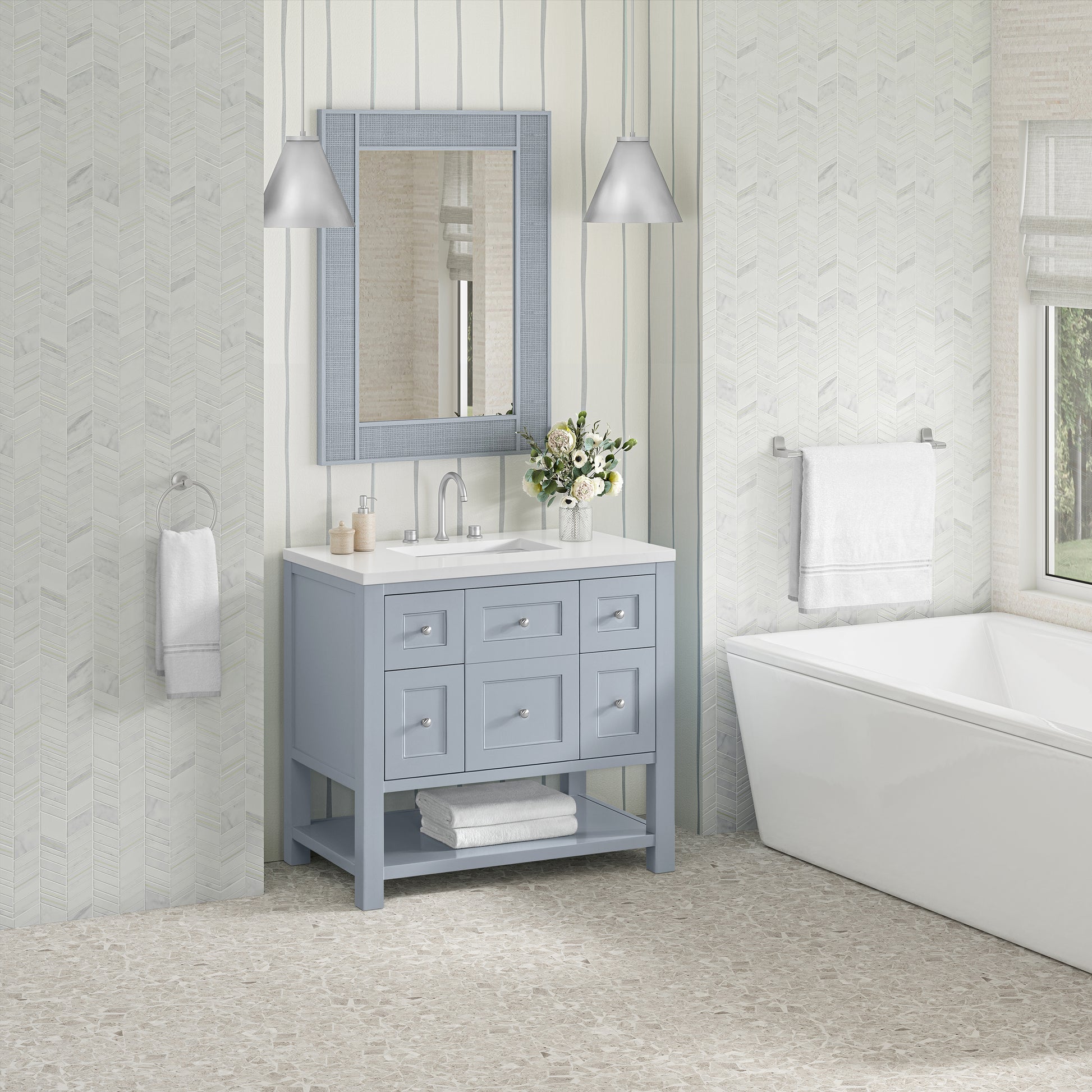 Renovate for Less Atlanta Breckenridge 36" Single Vanity, Serenity Blue, w/ 3 CM White Zeus Quartz Top