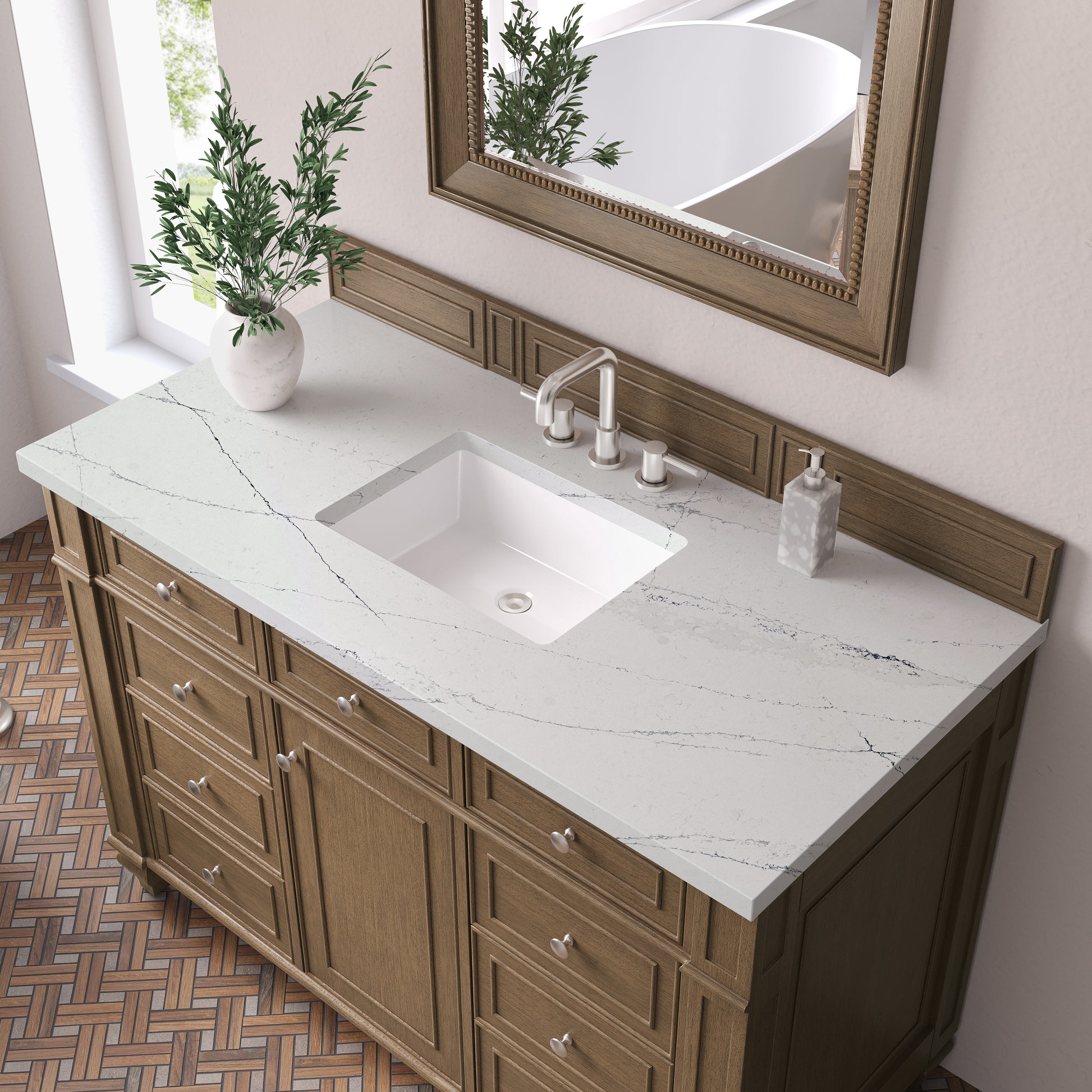 Renovate for Less Atlanta Bristol 48" Single Vanity, Saddle Brown w/ 3 CM Ethereal Noctis Silestone Top