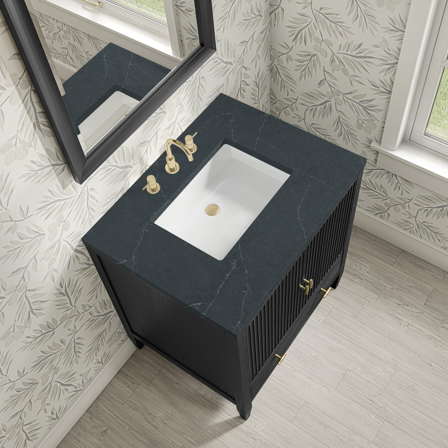 Renovate for Less Atlanta Myrrin 30" Single Vanity, Carbon Oak w/ 3 CM Charcoal Soapstone Silestone Top