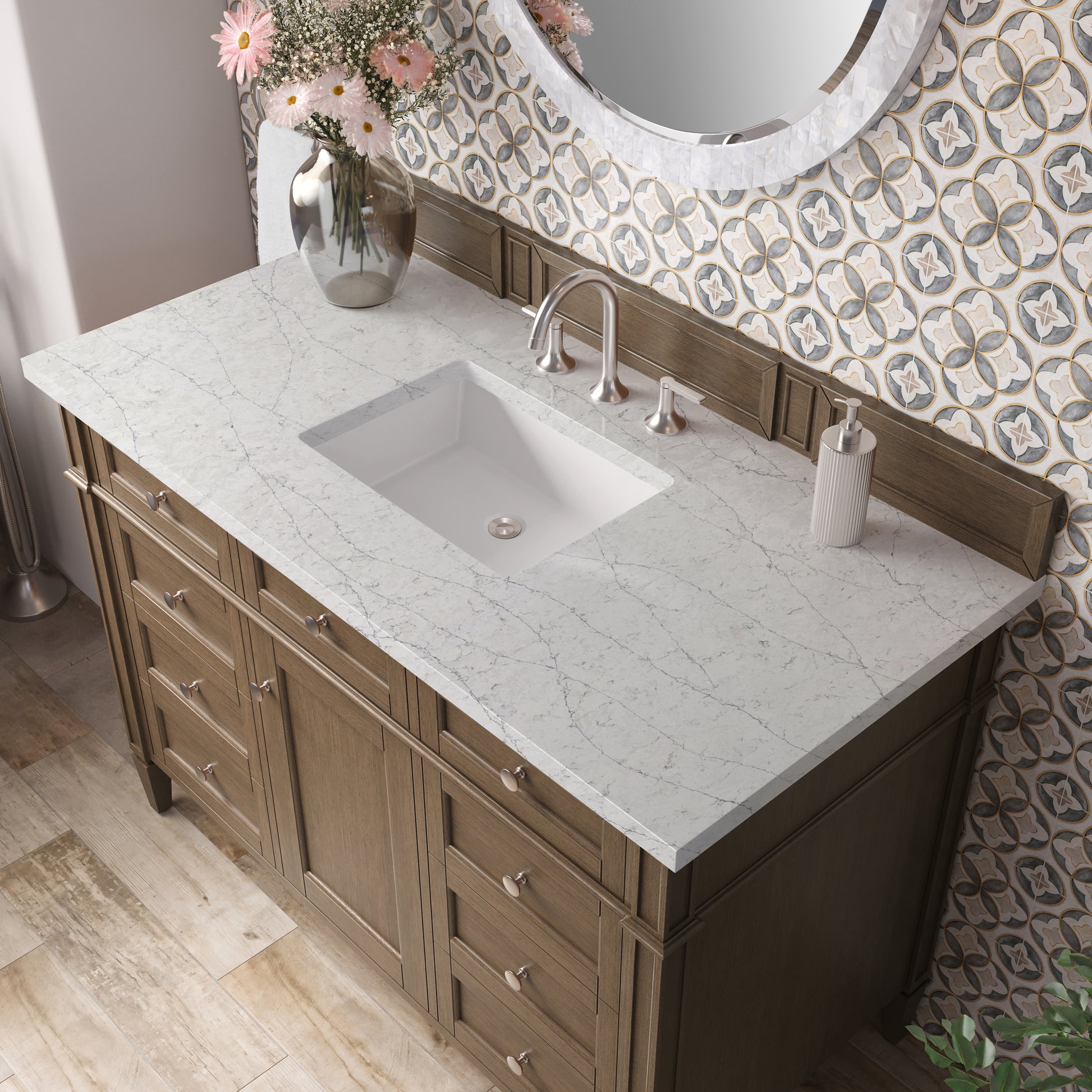 Renovate for Less Atlanta Brittany 48" Single Vanity, Saddle Brown w/ 3 CM Eternal Jasmine Pearl Silestone Top