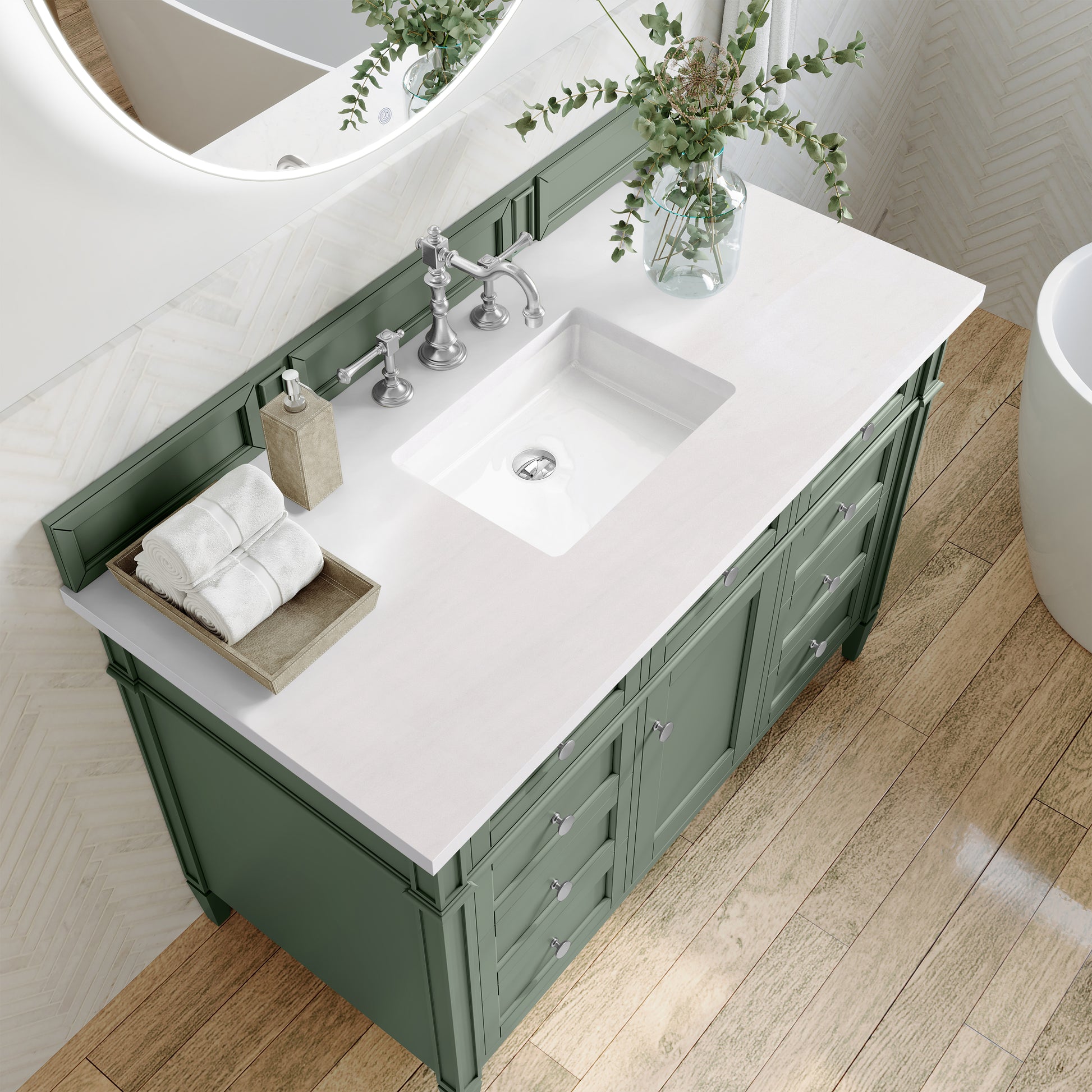 Renovate for Less Atlanta Brittany 48" Single Vanity, Smokey Celadon w/ 3 CM White Zeus Top