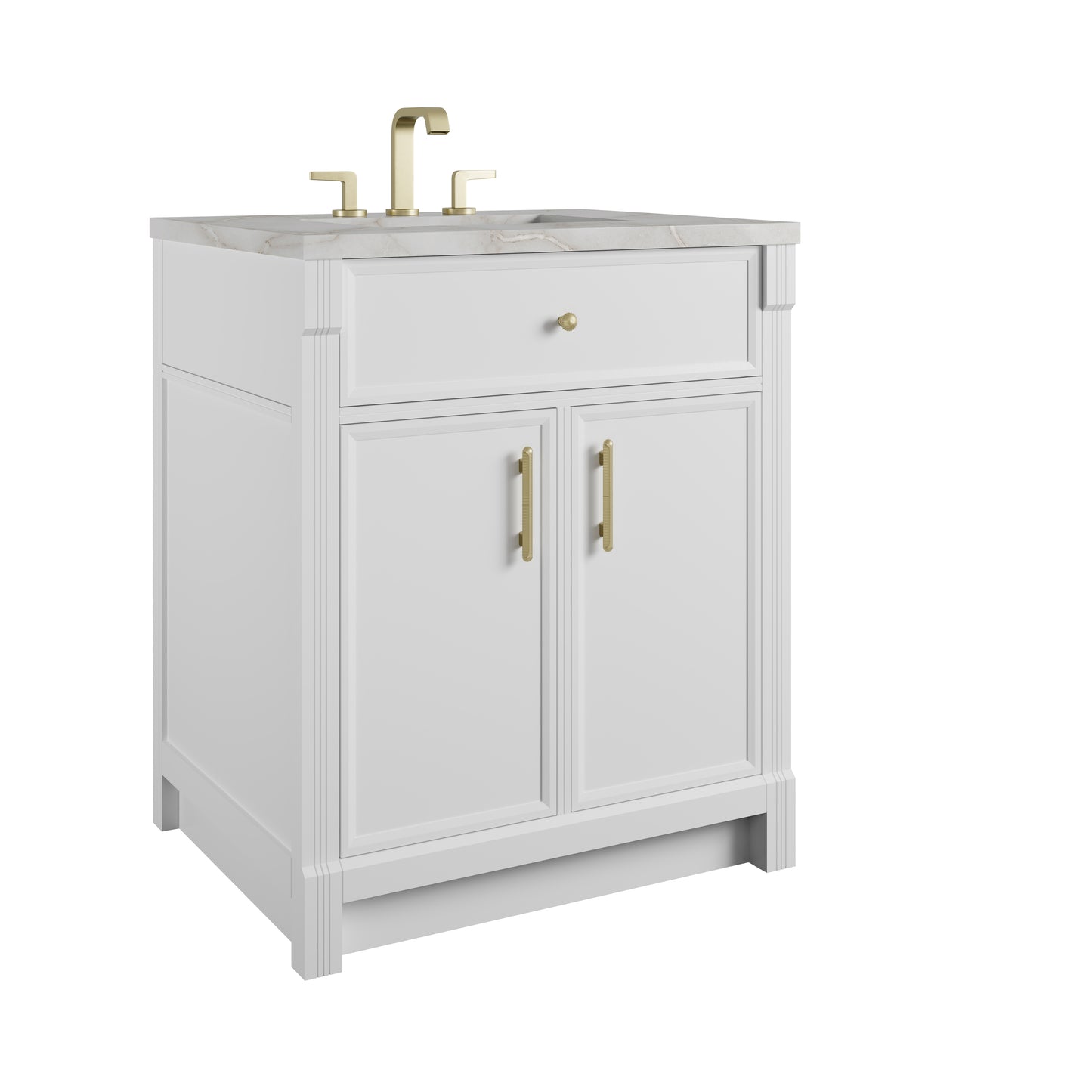 Renovate for Less Atlanta Bellshire 30" Single Vanity, Bright White w/ 3 CM Victorian Silver Silestone Top