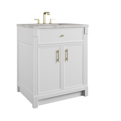 Renovate for Less Atlanta Bellshire 30" Single Vanity, Bright White w/ 3 CM Victorian Silver Silestone Top