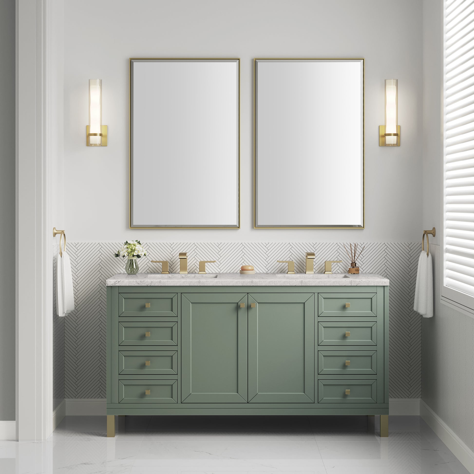 Renovate for Less Atlanta Chicago 60" Double Vanity, Smokey Celadon, w/ 3 CM Eternal Jasmine Pearl Silestone® Top
