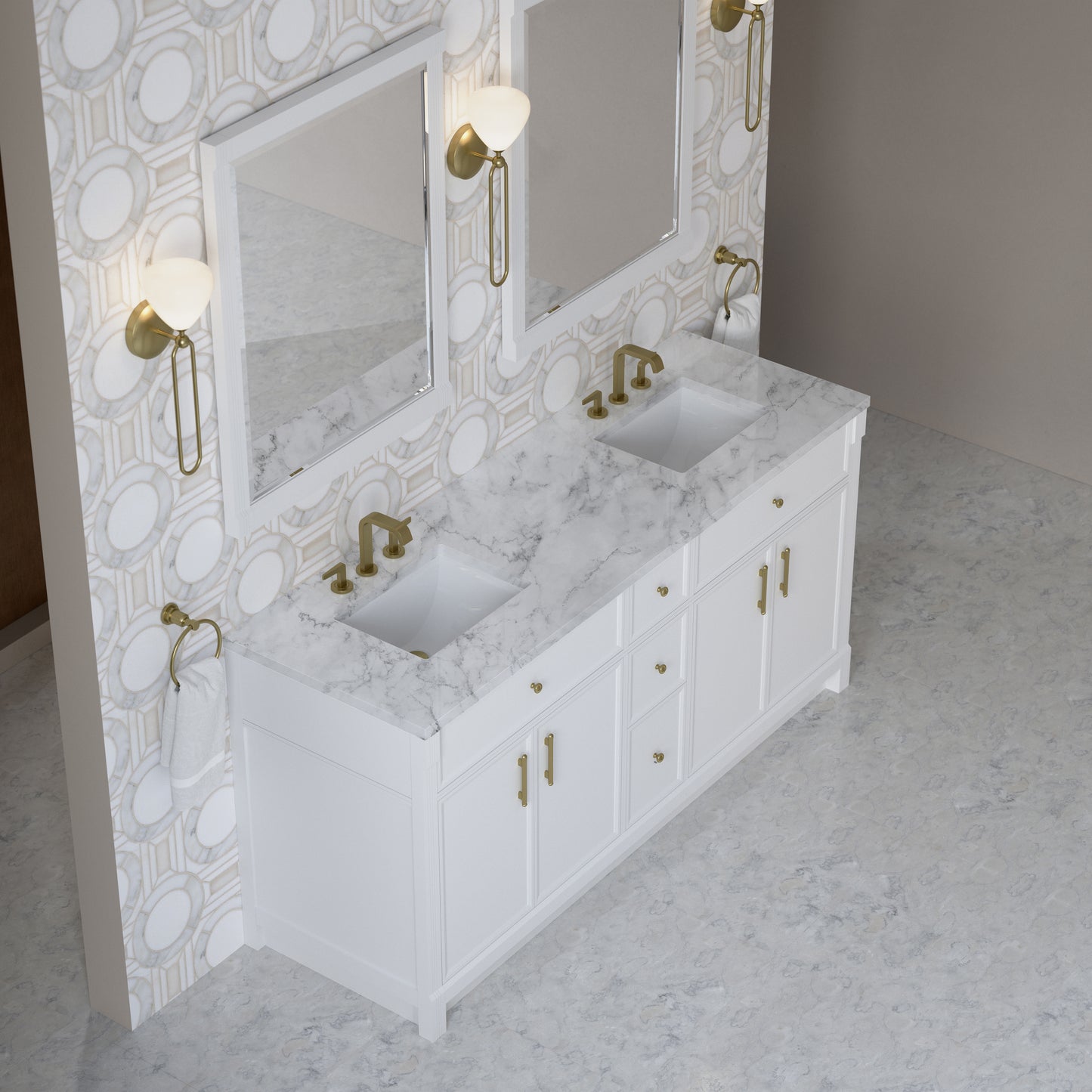 Renovate for Less Atlanta Bellshire 72" Double Vanity, Bright White w/ 3 CM Carrara Marble Top