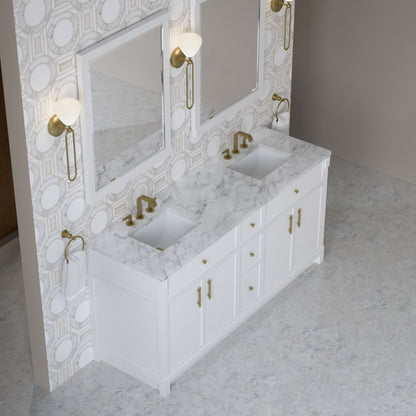 Renovate for Less Atlanta Bellshire 72" Double Vanity, Bright White w/ 3 CM Carrara Marble Top
