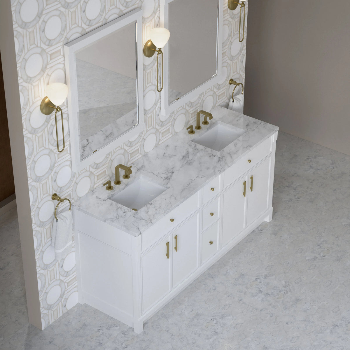 Bellshire 72" Double Vanity, Bright White w/ 3 CM Carrara Marble Top