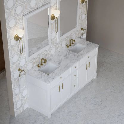 Bellshire 72" Double Vanity, Bright White w/ 3 CM Carrara Marble Top