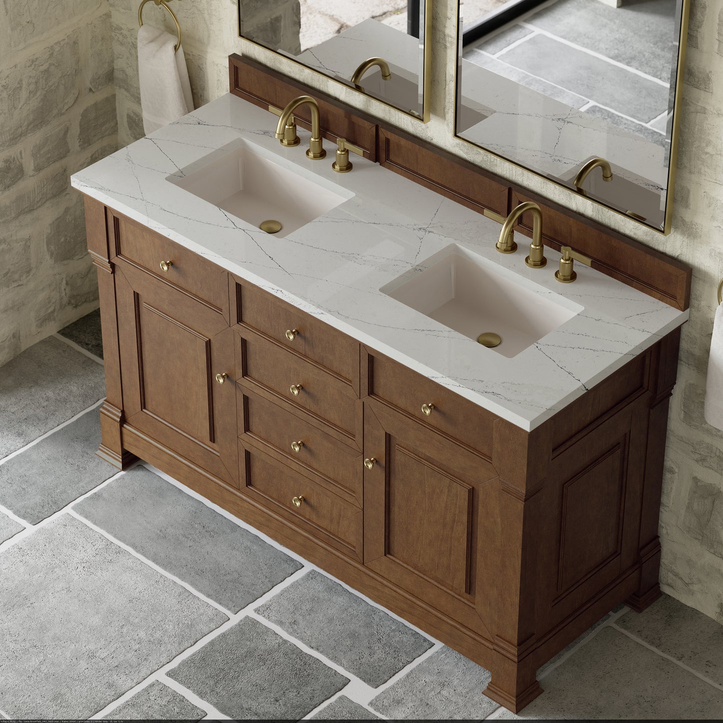 Renovate for Less Atlanta Brookfield 60" Double Vanity, Honey Oak w/ 3 CM Ethereal Noctis Silestone Top