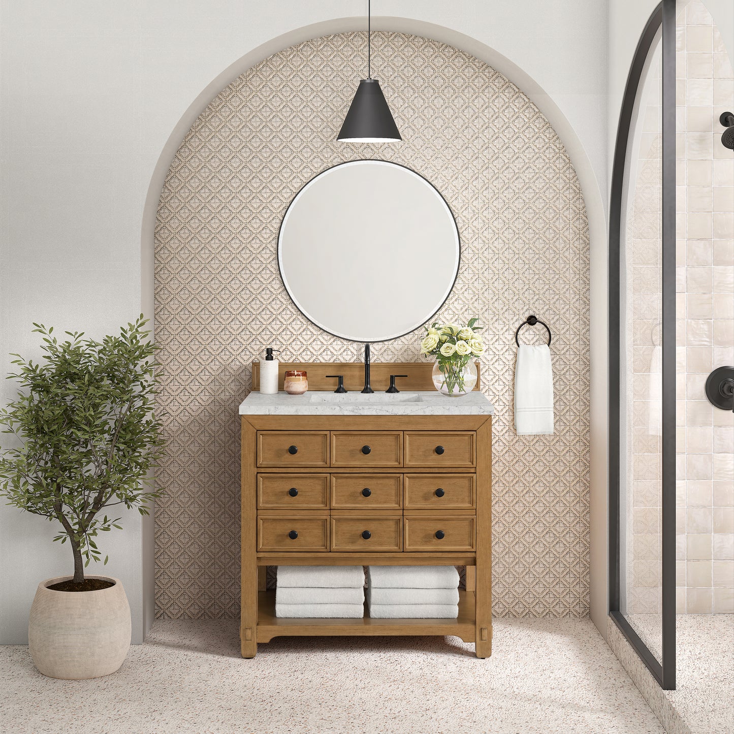 Renovate for Less Atlanta Malibu 36" Single Vanity, Amber Birch w/ 3 CM Eternal Jasmine Pearl Top
