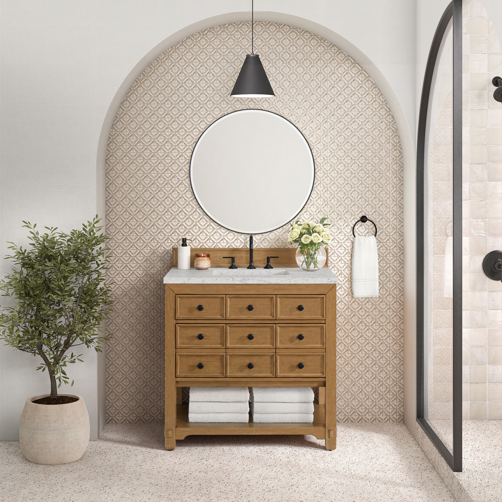 Renovate for Less Atlanta Malibu 36" Single Vanity, Amber Birch w/ 3 CM Eternal Jasmine Pearl Top
