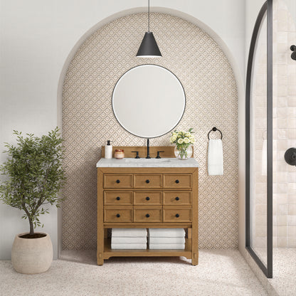 Renovate for Less Atlanta Malibu 36" Single Vanity, Amber Birch w/ 3 CM Eternal Jasmine Pearl Top