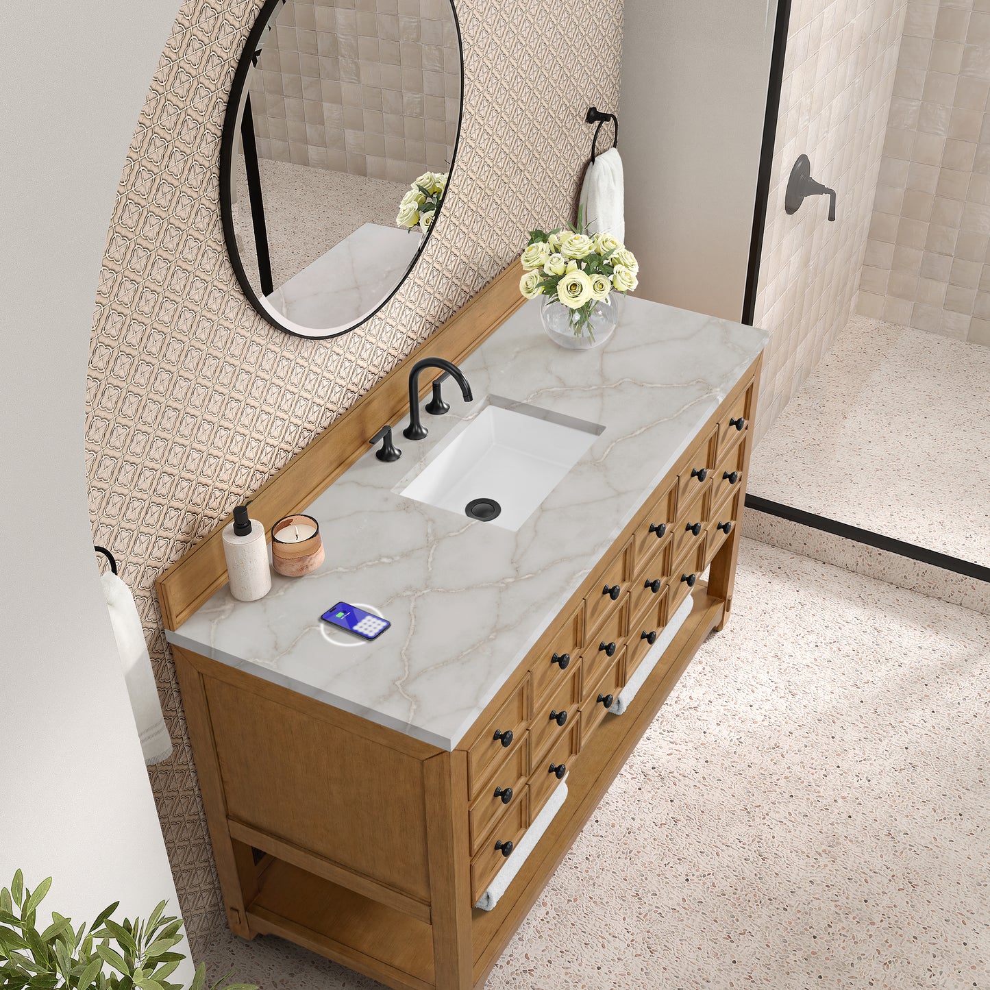Renovate for Less Atlanta Malibu 60" Single Vanity, Amber Birch w/ 3 CM Victorian Silver Top w/ FreePower Wireless Charger