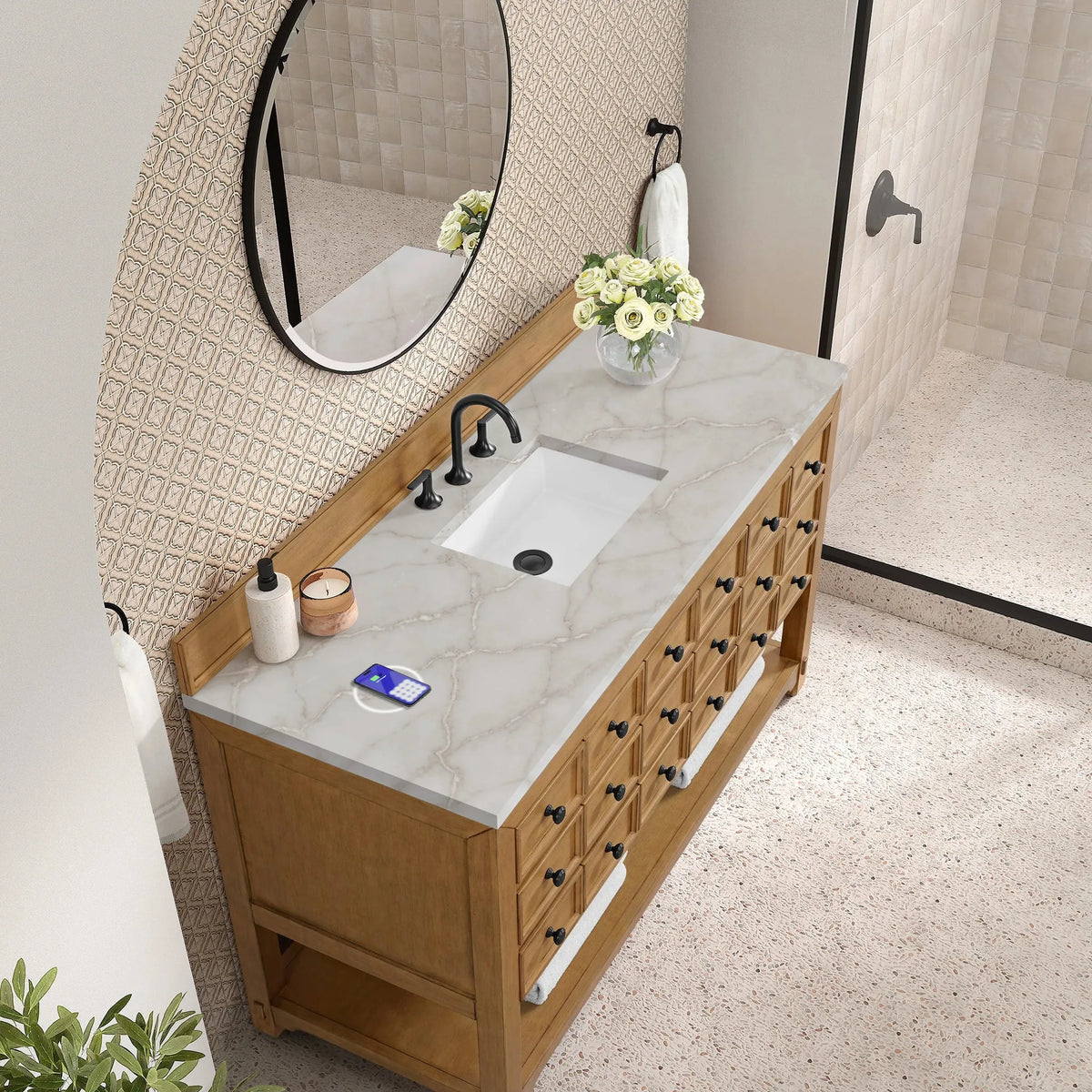 Malibu 60" Single Vanity, Amber Birch w/ 3 CM Victorian Silver Top w/ FreePower Wireless Charger