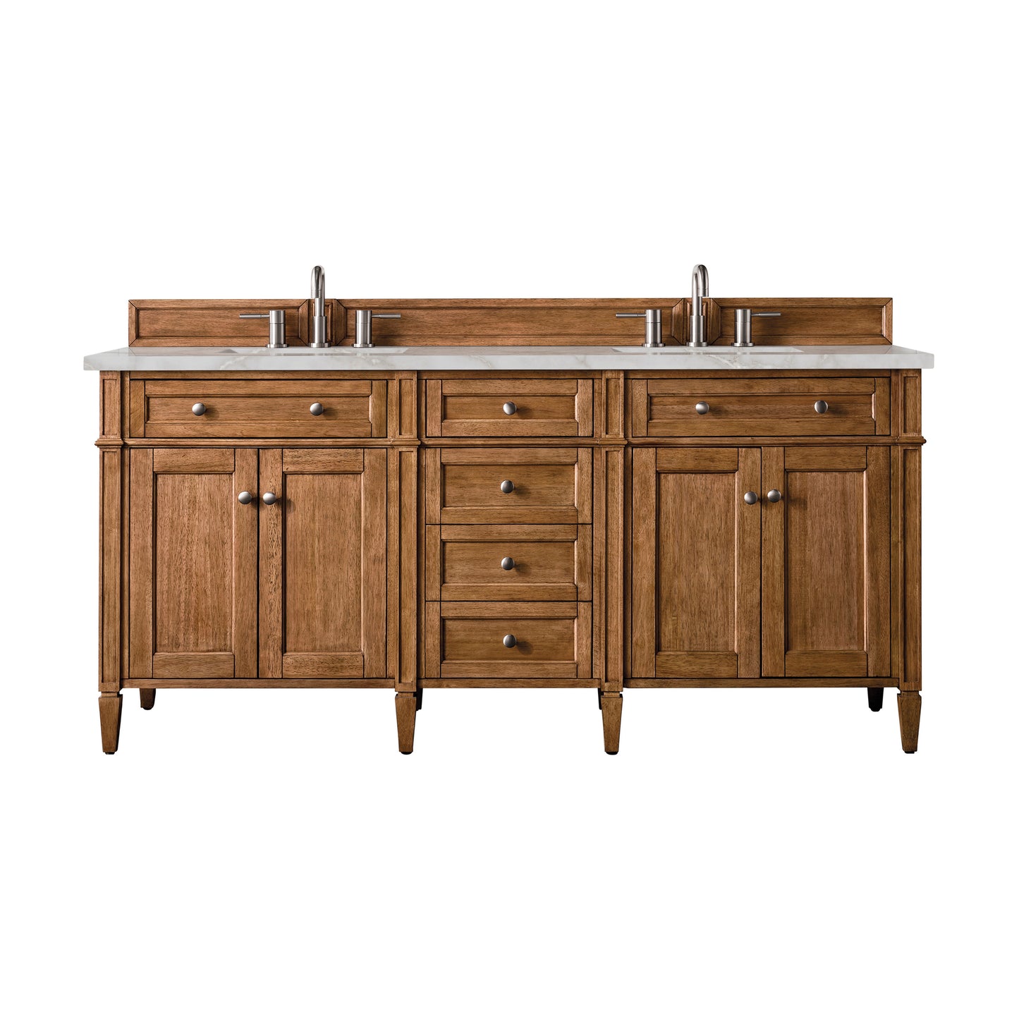 Renovate for Less Atlanta Brittany 72" Double Vanity, Saddle Brown w/ 3 CM Victorian Silver Silestone Top w/FreePower Wireless Charger