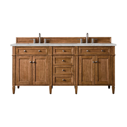 Renovate for Less Atlanta Brittany 72" Double Vanity, Saddle Brown w/ 3 CM Victorian Silver Silestone Top w/FreePower Wireless Charger