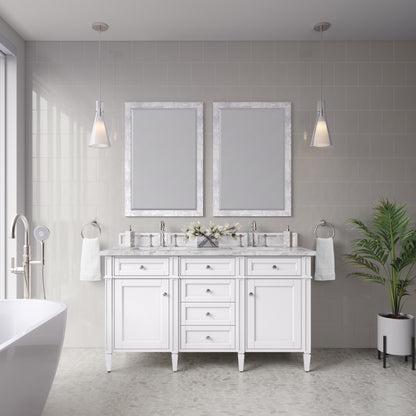 Renovate for Less Atlanta Brittany 60" Double Vanity, Bright White Vanity w/ 3 CM Carrara Marble Top