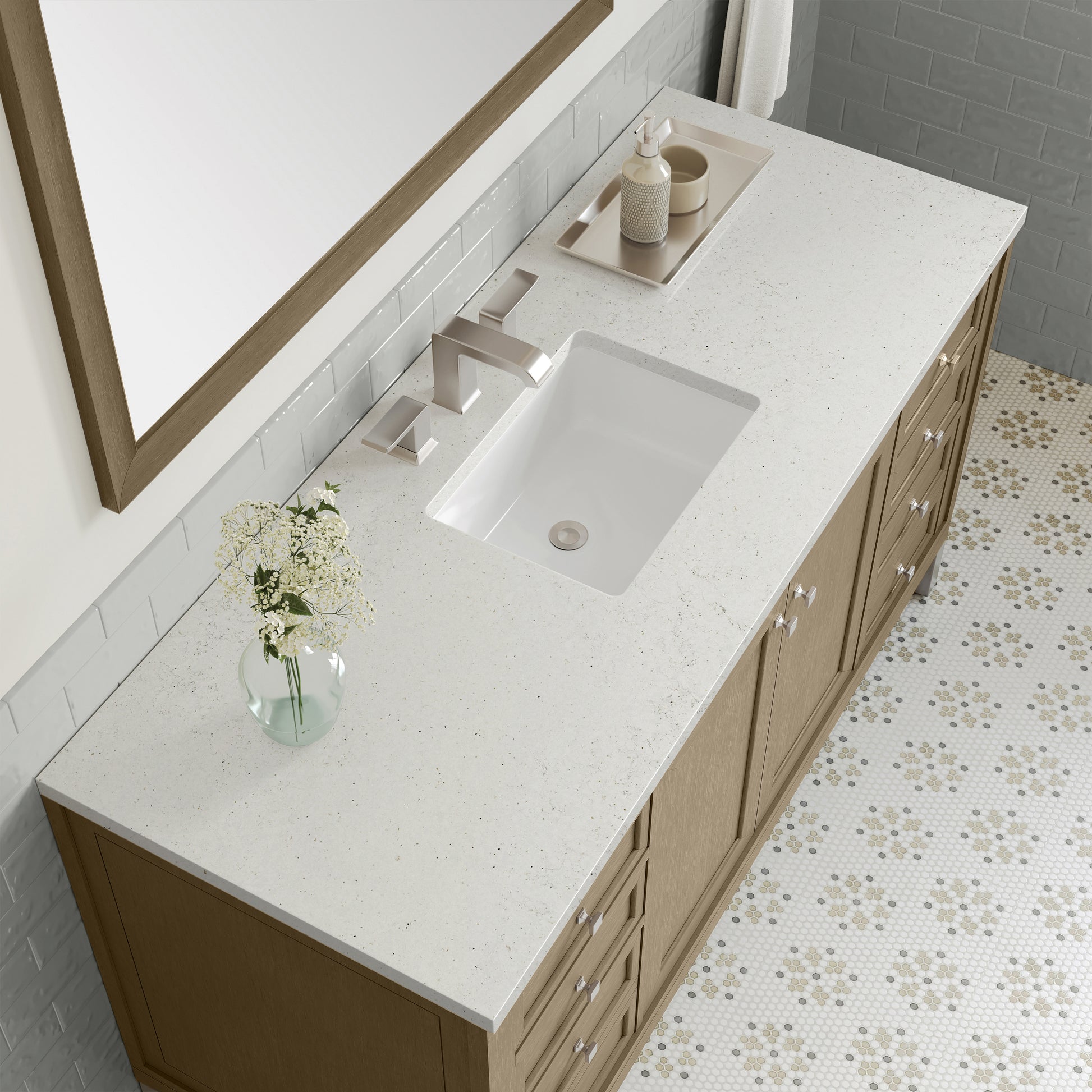 Renovate for Less Atlanta Chicago 60" Single Vanity, Walnut Whisper, w/ 3 CM Lime Delight Silestone® Top