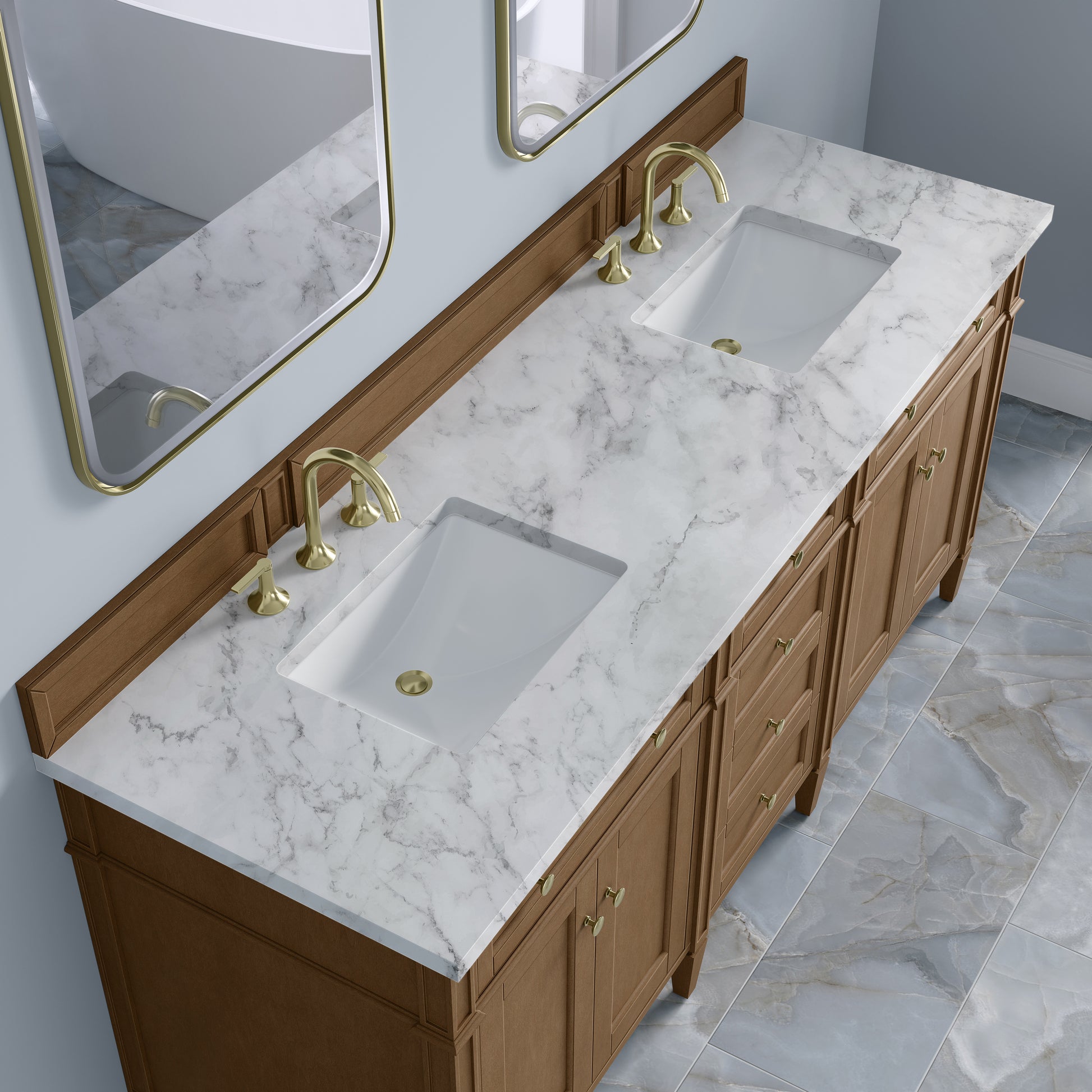 Renovate for Less Atlanta Brittany 72" Double Vanity, Pecan w/ 3 CM Carrara Marble Top