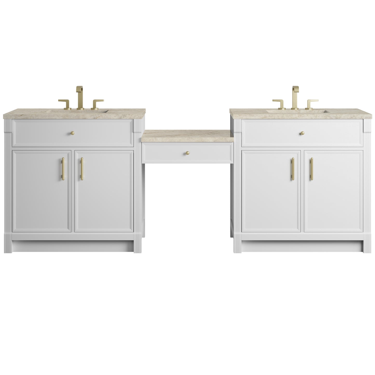 Renovate for Less Atlanta Bellshire 96" Dual Vanity Set with 24" Make-Up Counter, Bright White w/3 cm Tajnar Eclos Top