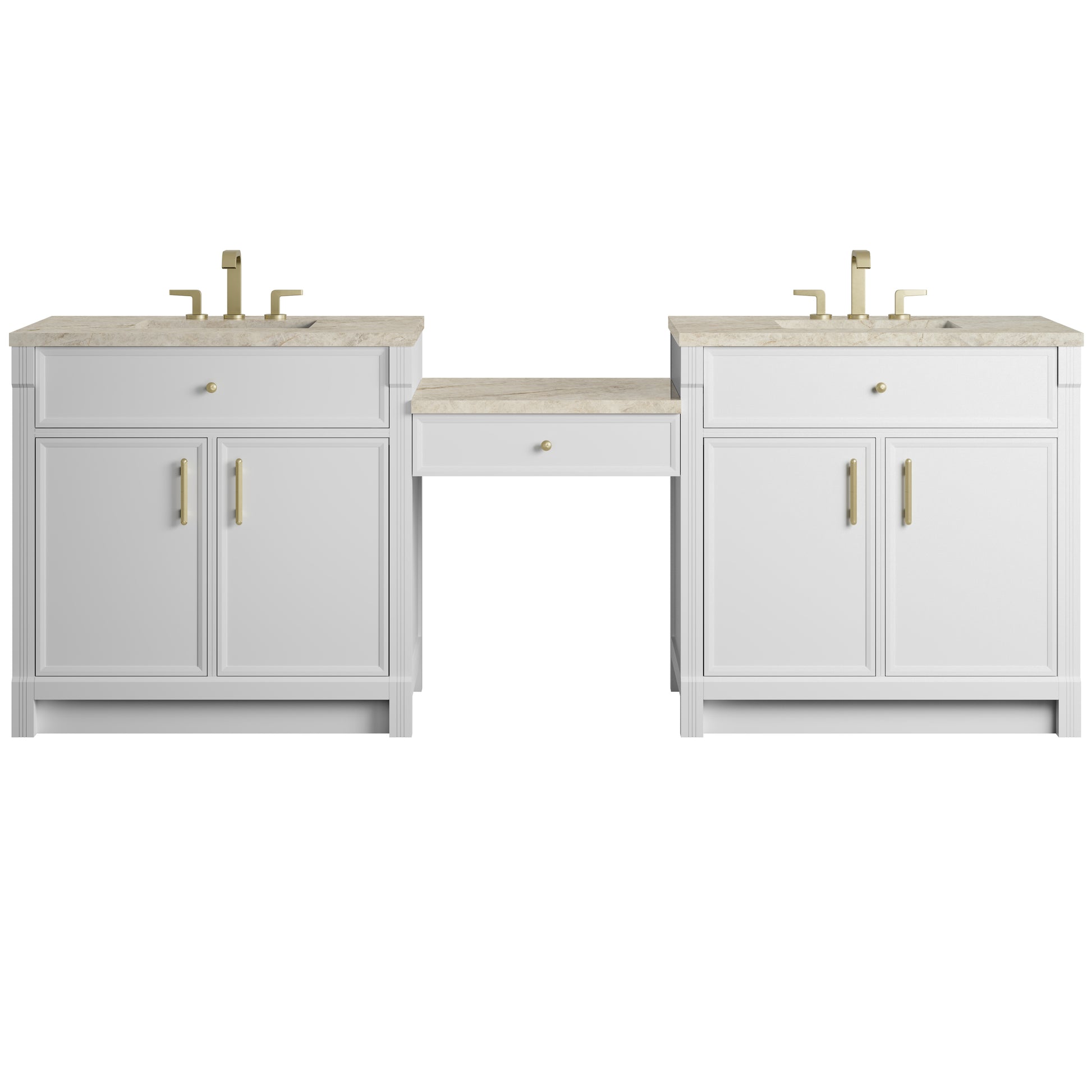 Renovate for Less Atlanta Bellshire 96" Dual Vanity Set with 24" Make-Up Counter, Bright White w/3 cm Tajnar Eclos Top