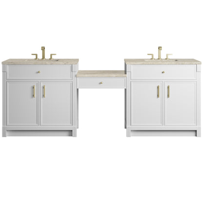 Renovate for Less Atlanta Bellshire 96" Dual Vanity Set with 24" Make-Up Counter, Bright White w/3 cm Tajnar Eclos Top