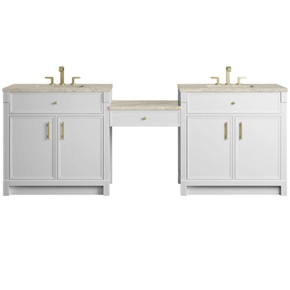 Bellshire 96" Dual Vanity Set with 24" Make-Up Counter, Bright White w/3 cm Tajnar Eclos Top