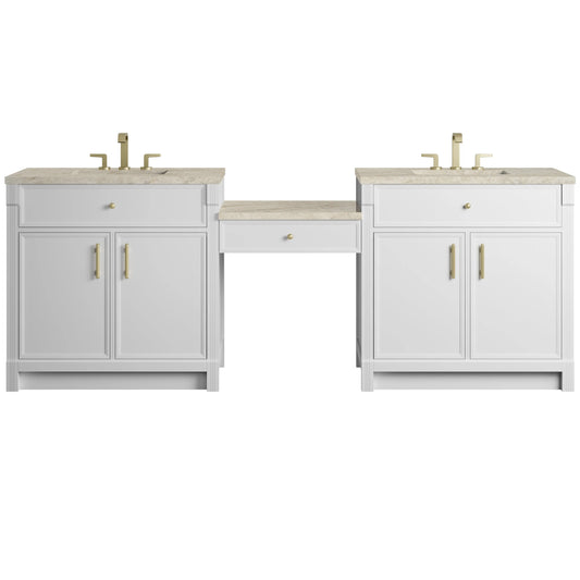Bellshire 96" Dual Vanity Set with 24" Make-Up Counter, Bright White w/3 cm Tajnar Eclos Top