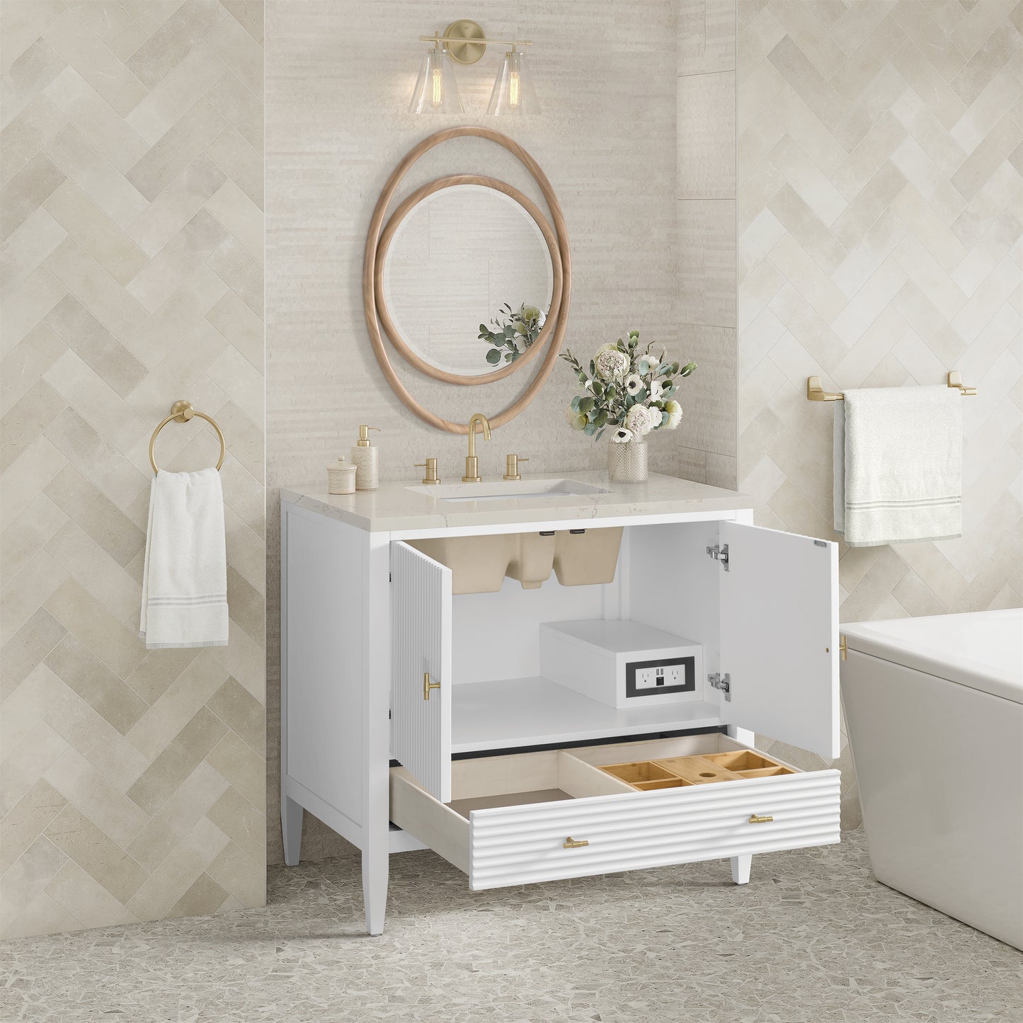 Renovate for Less Atlanta Myrrin 36" Vanity, Bright White, w/ 3 CM Siberian Silestone Top