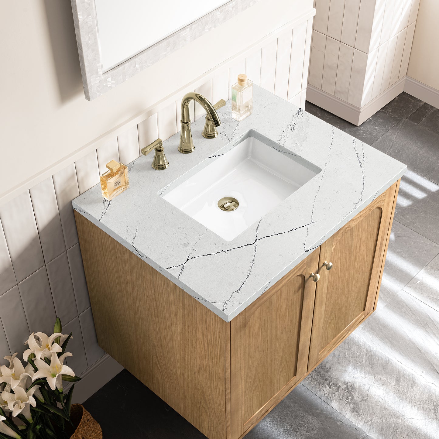 Renovate for Less Atlanta Laurent 30" Single Vanity, Light Natural Oak w/ 3 CM Ethereal Noctis Top