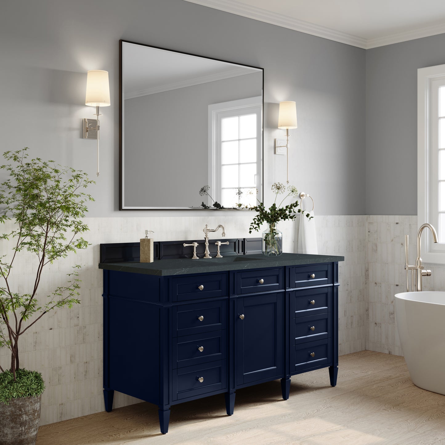 Renovate for Less Atlanta Brittany 60" Single Vanity, Victory Blue w/ 3 CM Charcoal Soapstone Silestone Top