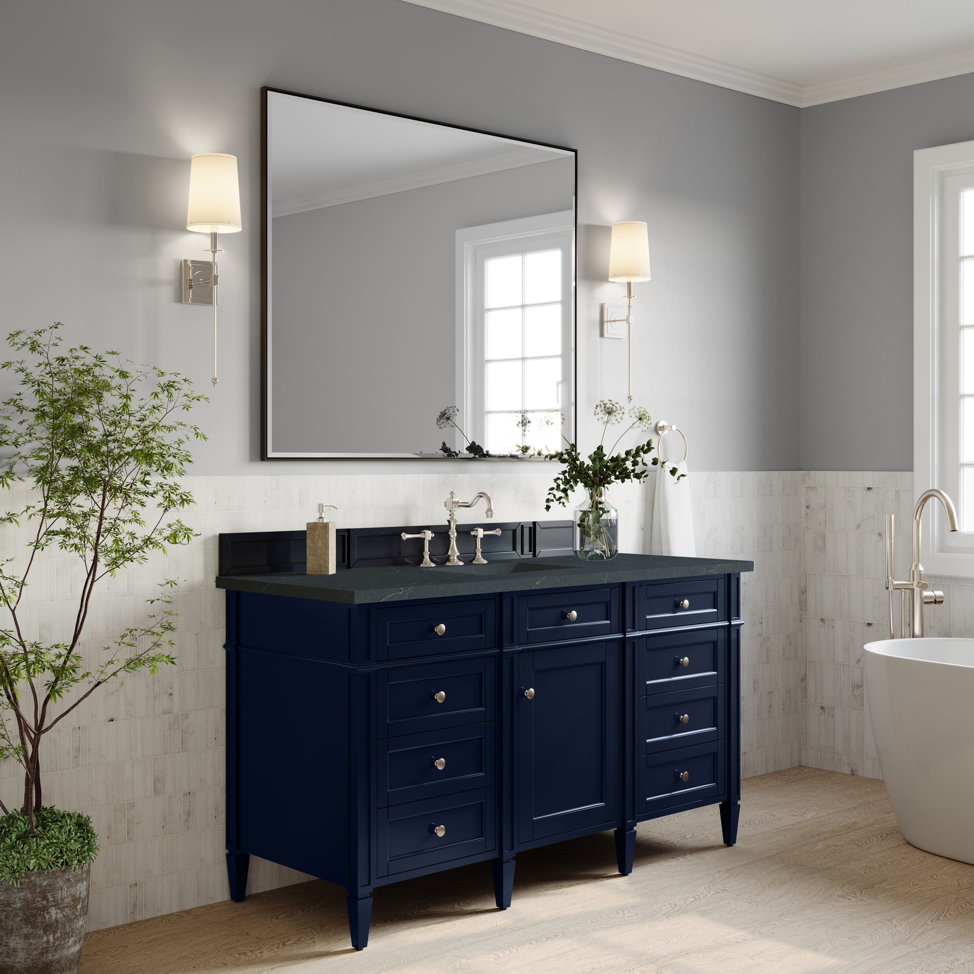 Renovate for Less Atlanta Brittany 60" Single Vanity, Victory Blue w/ 3 CM Charcoal Soapstone Silestone Top