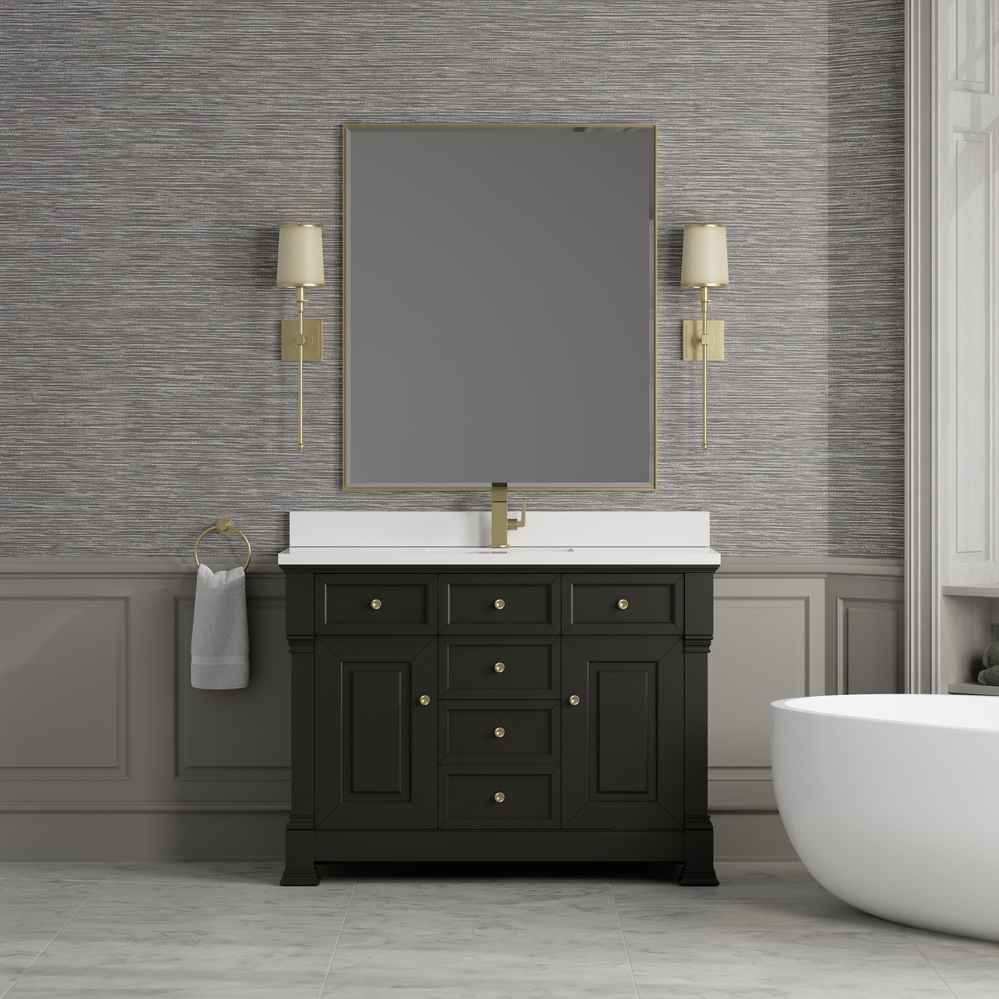 Renovate for Less Atlanta Brookfield 48" Single Vanity, Black Onyx w/ Single Hole 3 CM White Zeus Silestone Top & Backsplash