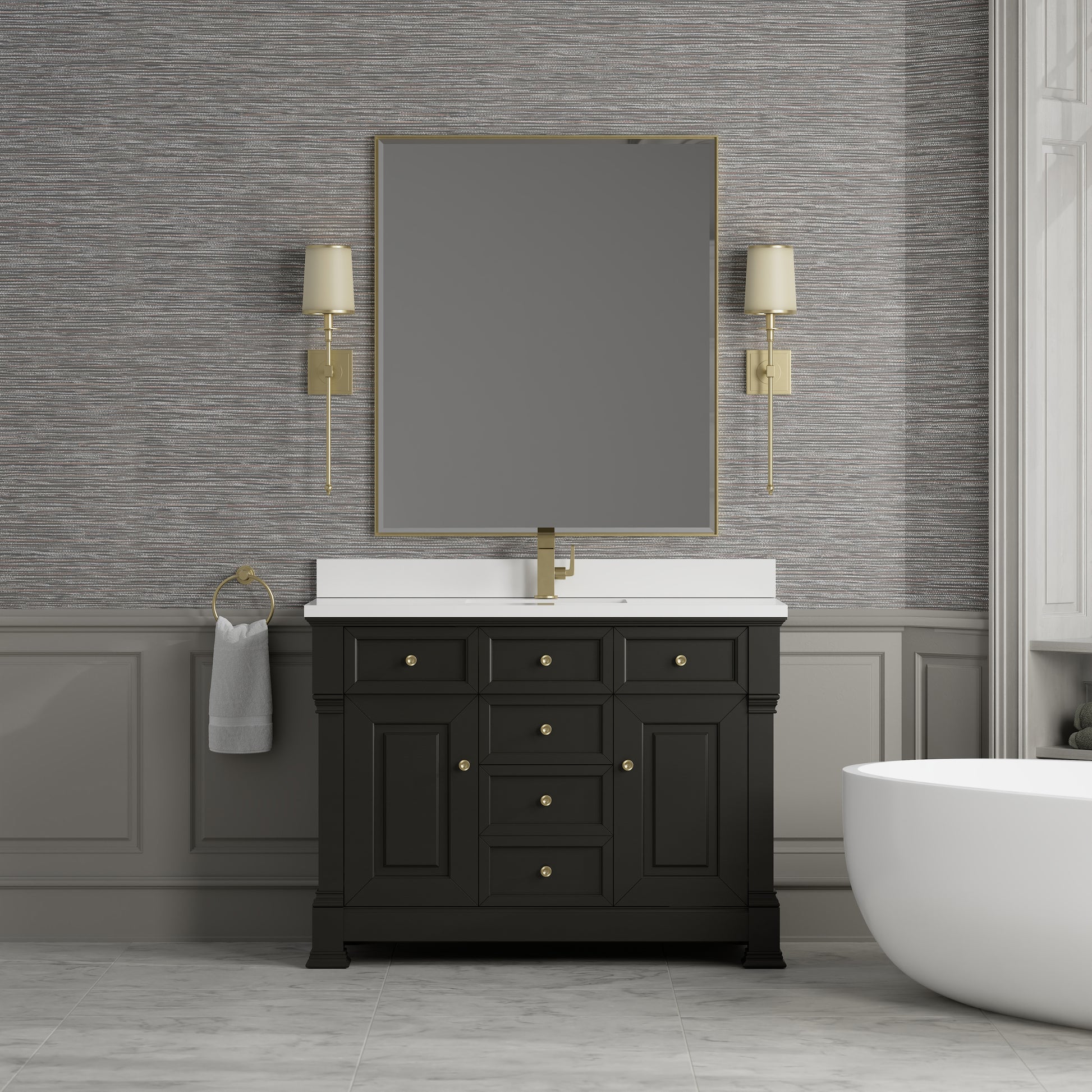 Renovate for Less Atlanta Brookfield 48" Single Vanity, Black Onyx w/ Single Hole 3 CM White Zeus Silestone Top & Backsplash